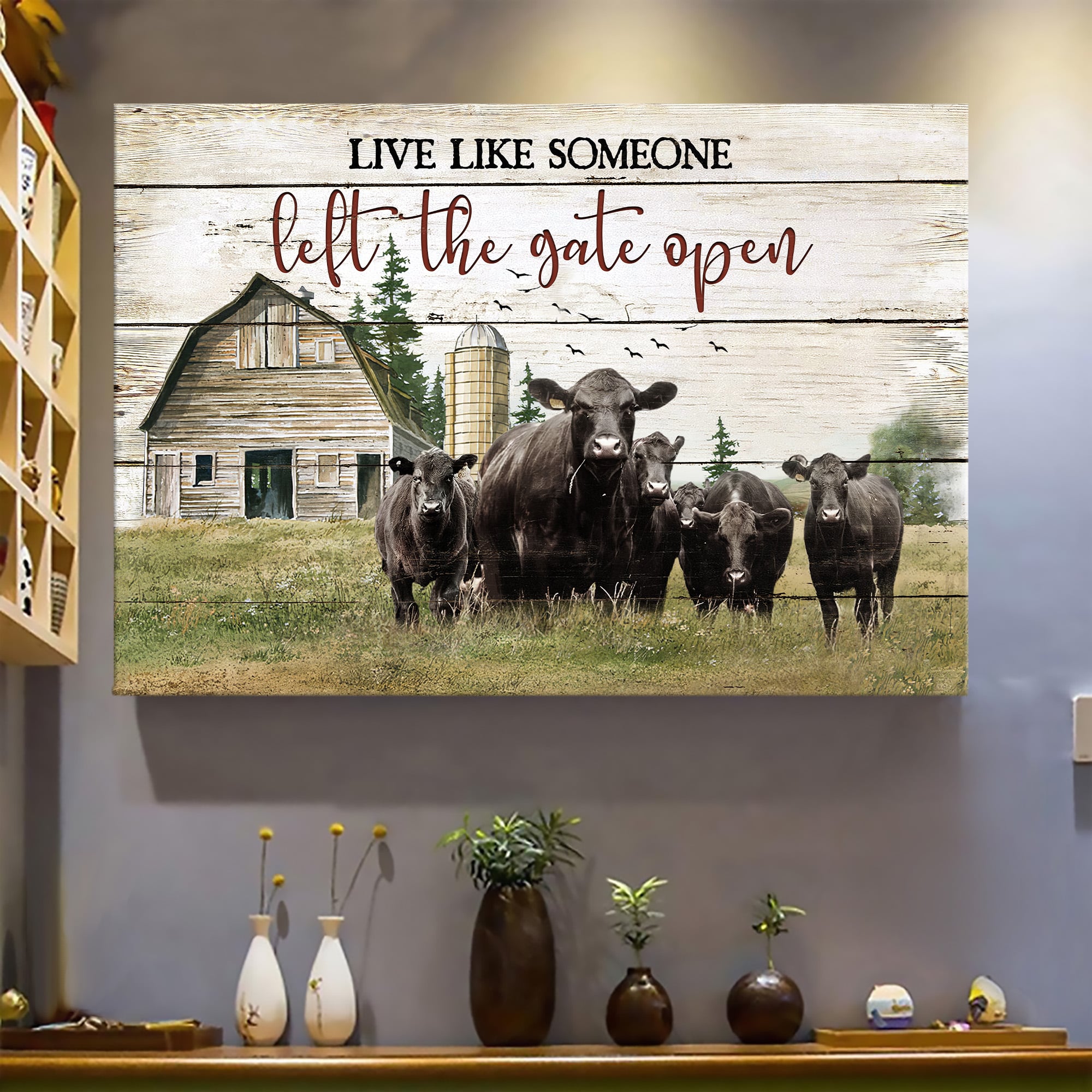 Grassland, Aberdeen Angus, Peaceful farm, Live like someone left the gate open - Farm Landscape Canvas Prints, Wall Art
