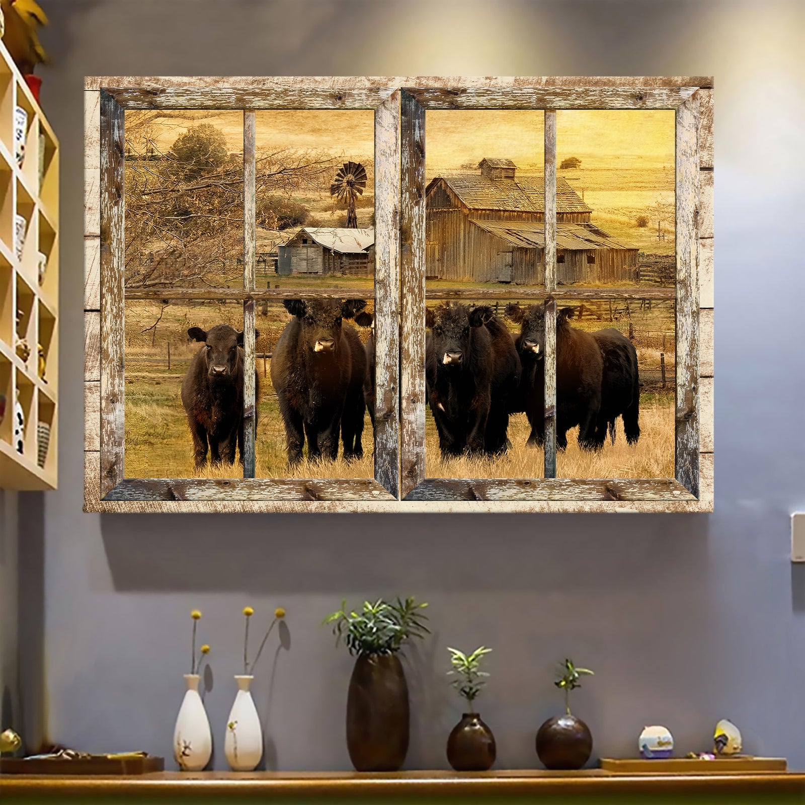 Aberdeen Angus, Dawn Farm, Through the window frame - Farm Landscape Canvas Prints, Wall Art