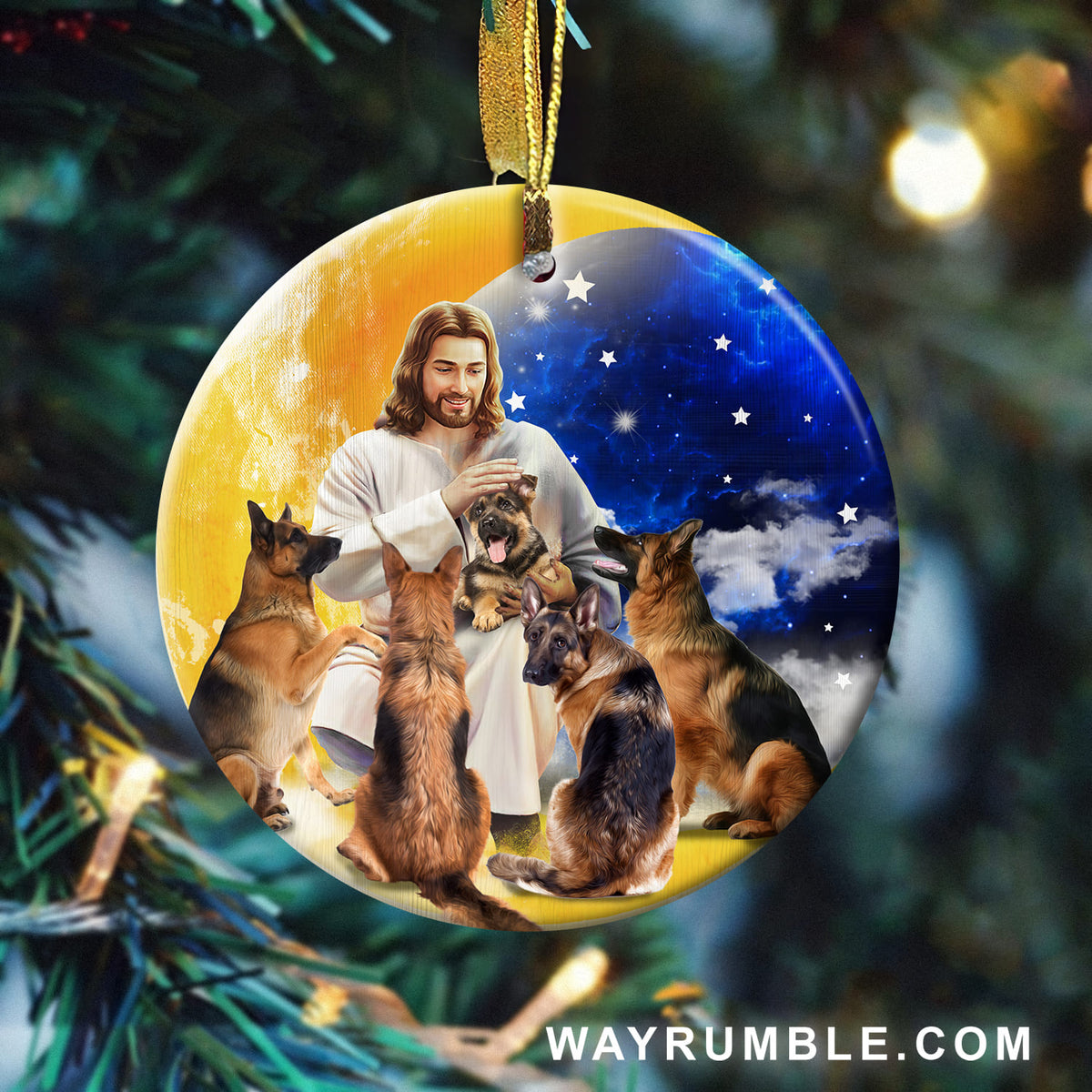 Pet Painting, Jesus and German Shepherd, The beautiful Night - Jesus, Pet Circle Ceramic Ornament