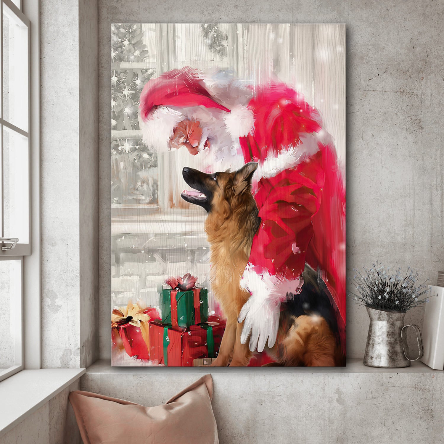 German Shepherd and Santa Claus - Christmas Portrait Canvas Print - Wall Art