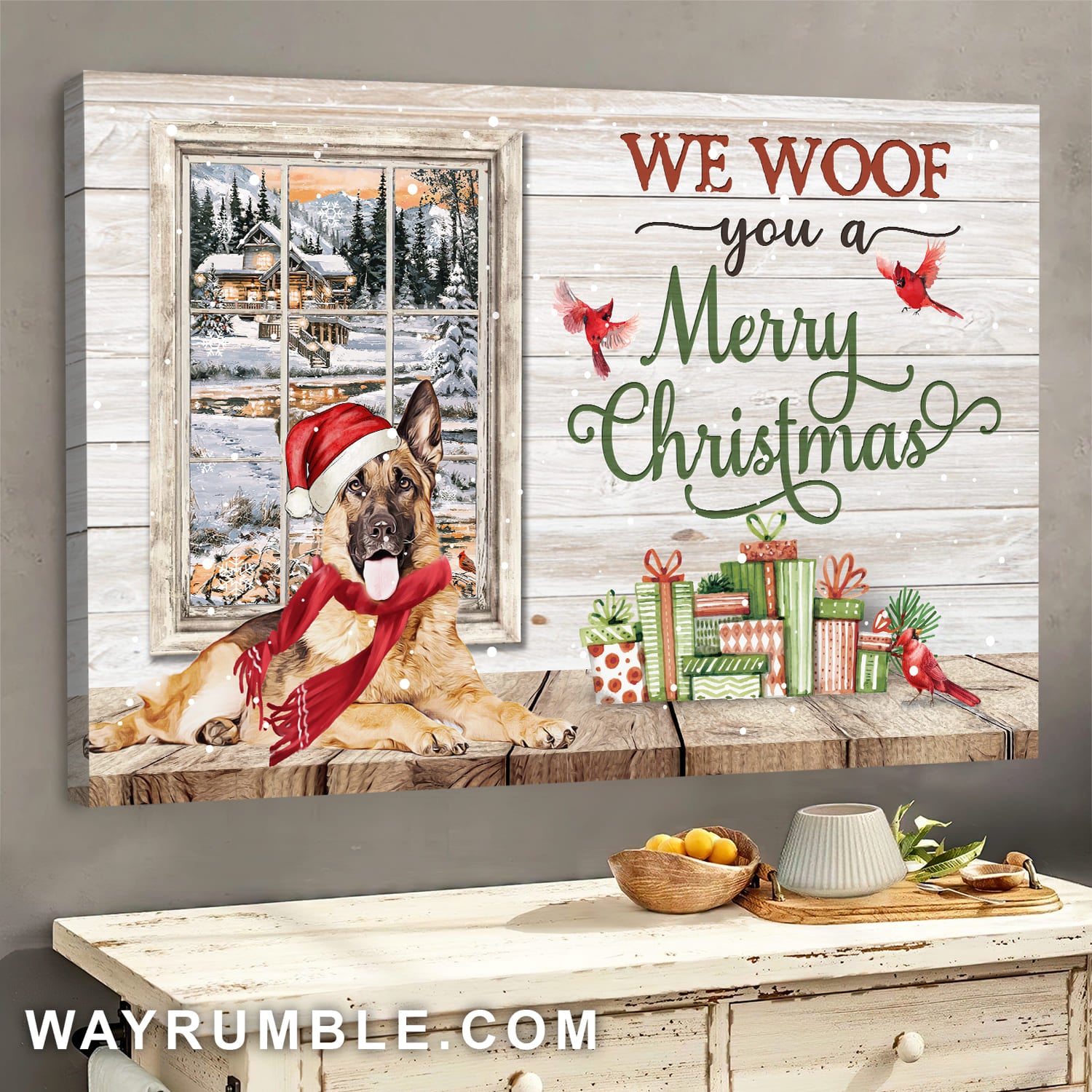 German shepherd dog, Winter painting, We woof you a merry Christmas - German Shepherd Landscape Canvas Prints, Wall Art