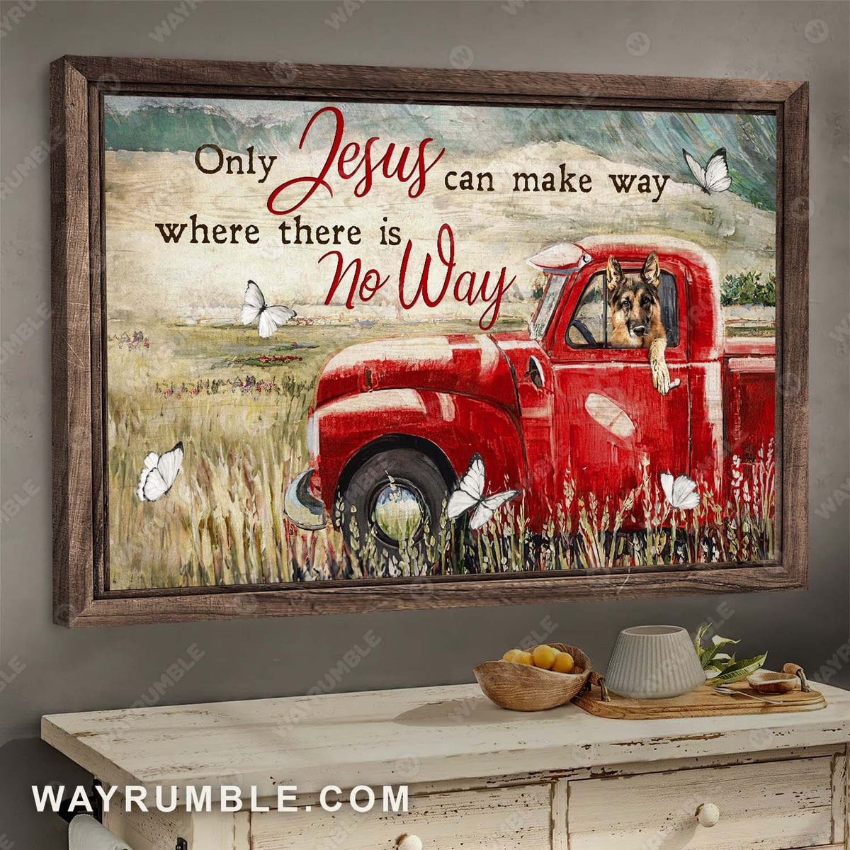 German Shepherd, Red truck, meadow painting, Only Jesus can make way where there is no way - Jesus Landscape Canvas Prints, Wall Art