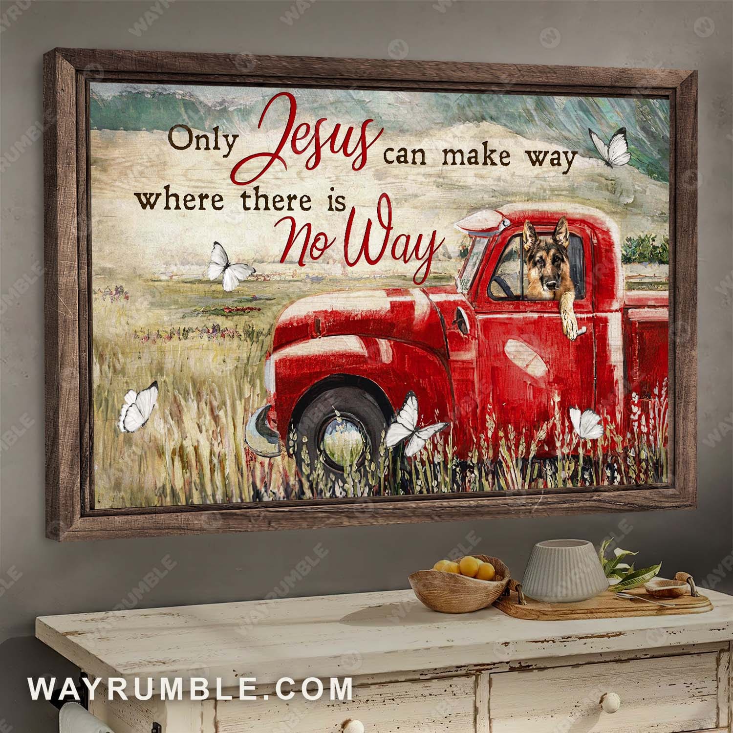 German Shepherd, Red truck, meadow painting, Only Jesus can make way where there is no way - Jesus Landscape Canvas Prints, Wall Art