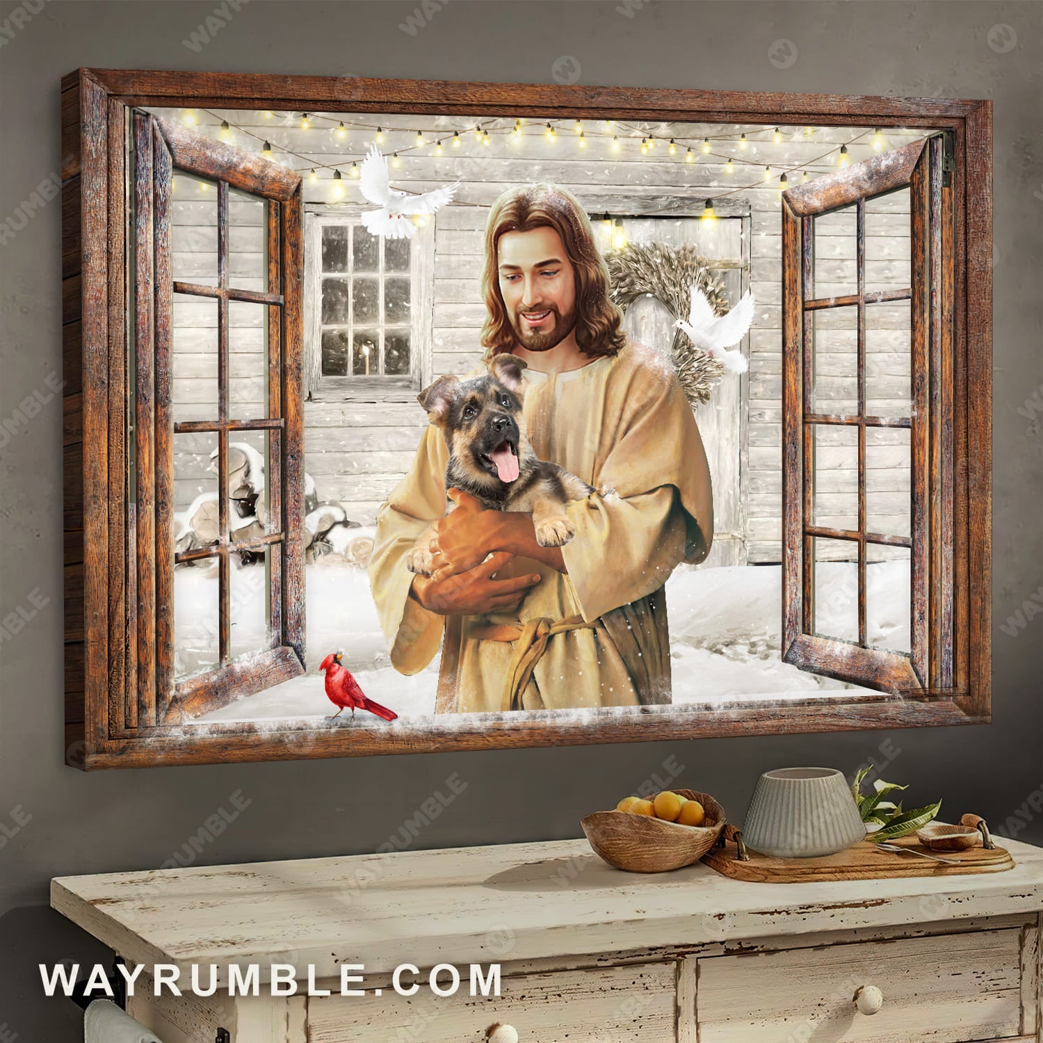 German Shepherd, In the arms of Jesus, Winter garden, Outside the window - Jesus Landscape Canvas Prints, Wall Art
