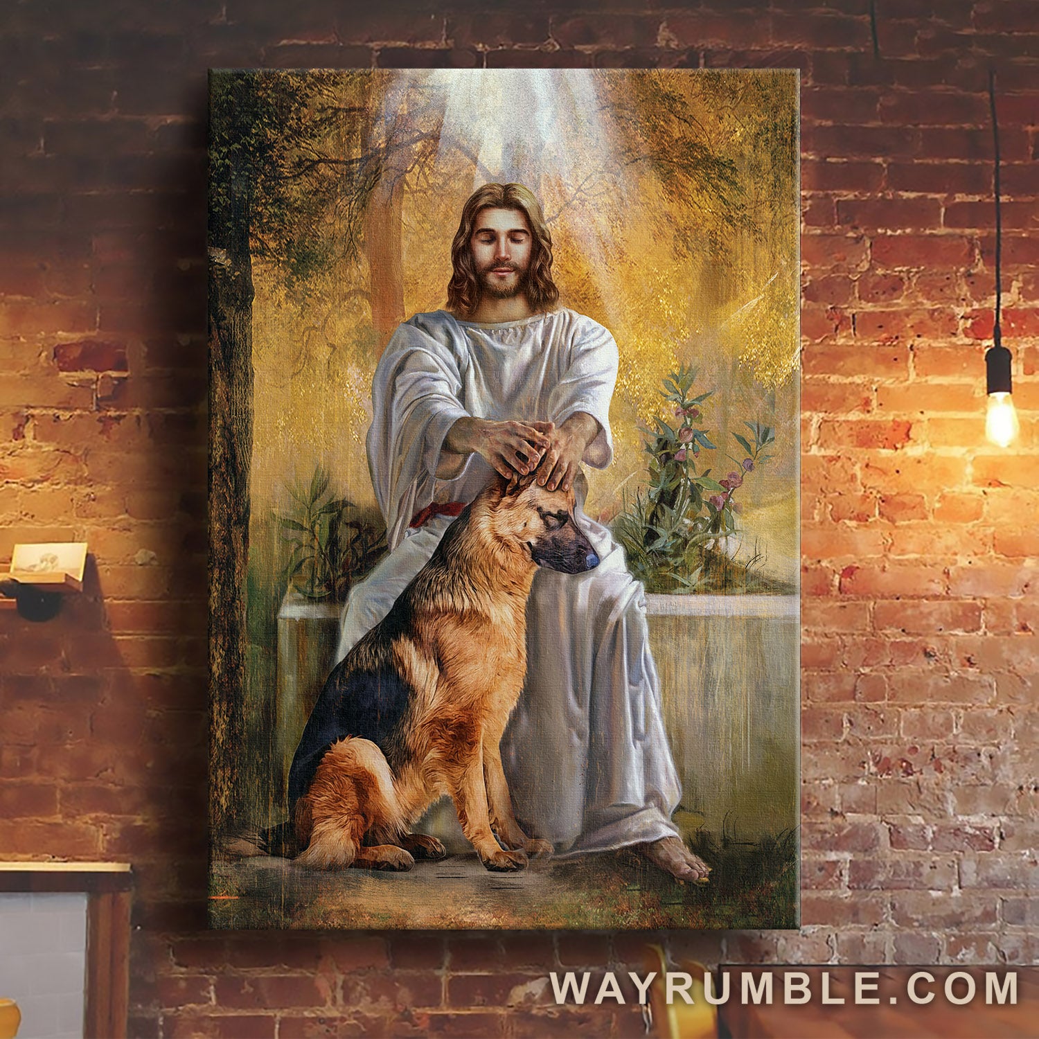 German Shepherd under the care of God - Jesus painting Portrait Canvas Prints, Wall Art