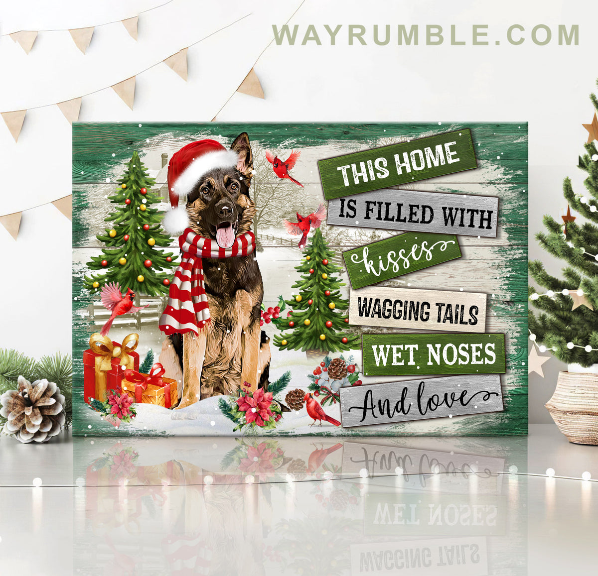 Christmas, German Shepherd, Cardinal, This home is filled with kisses and love - Dog Painting Landscape Canvas Prints, Wall Art