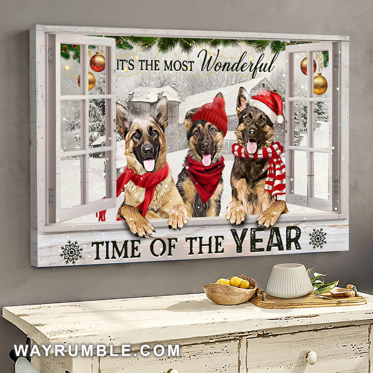 German Shepherd dog, White window, Christmas painting, It's the most wonderful time of the year - Jesus Landscape Canvas Prints, Wall Art