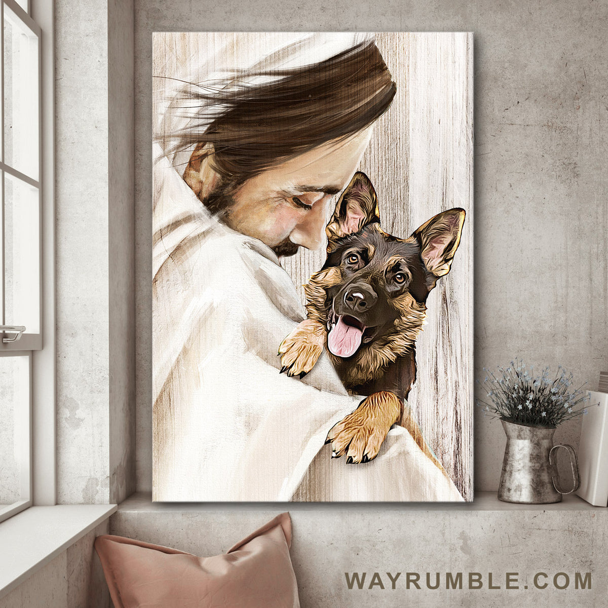 Jesus Painting, German Shepherd, In his arms - Jesus Portrait Canvas Prints, Wall Art
