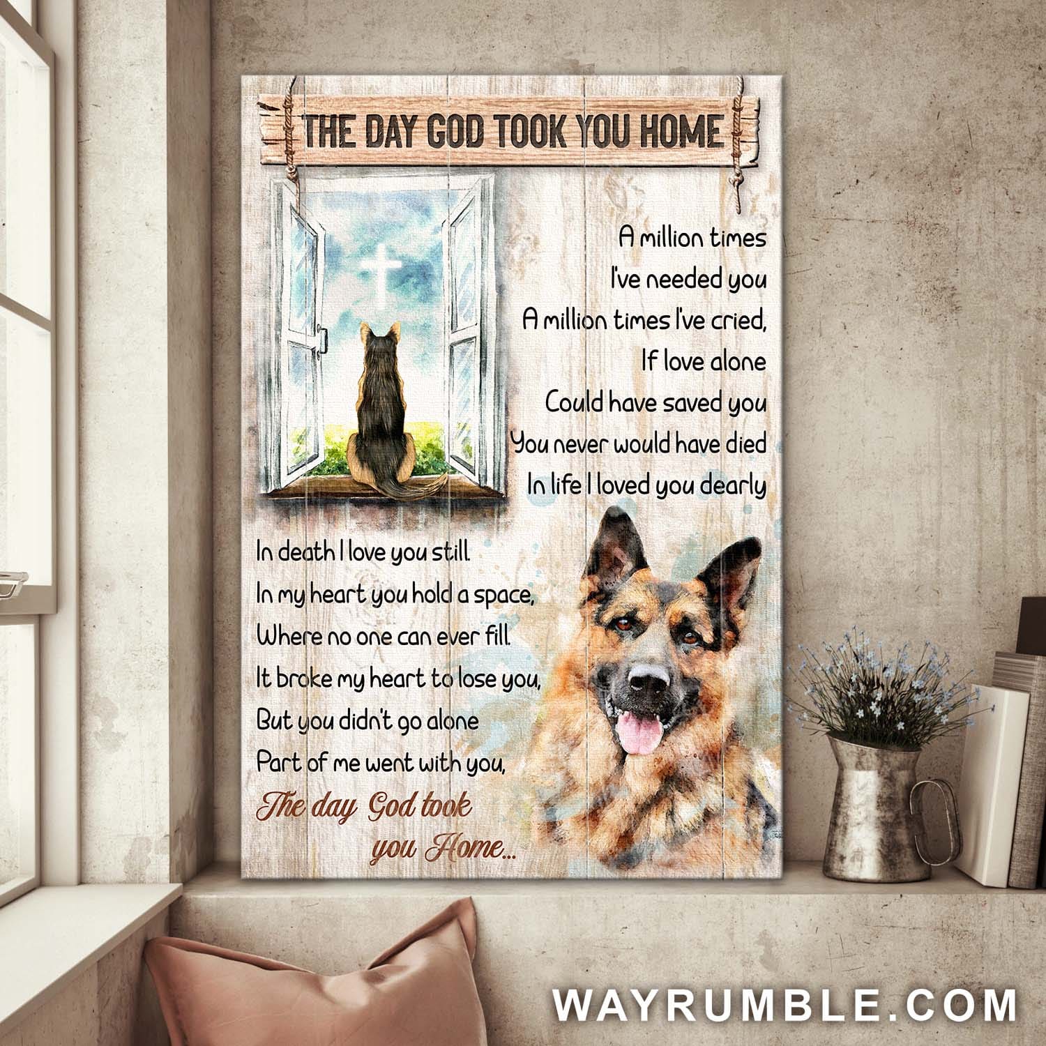 German Shepherd, Cross, Through the window, The day God took you home - Jesus Portrait Canvas Prints, Wall Art
