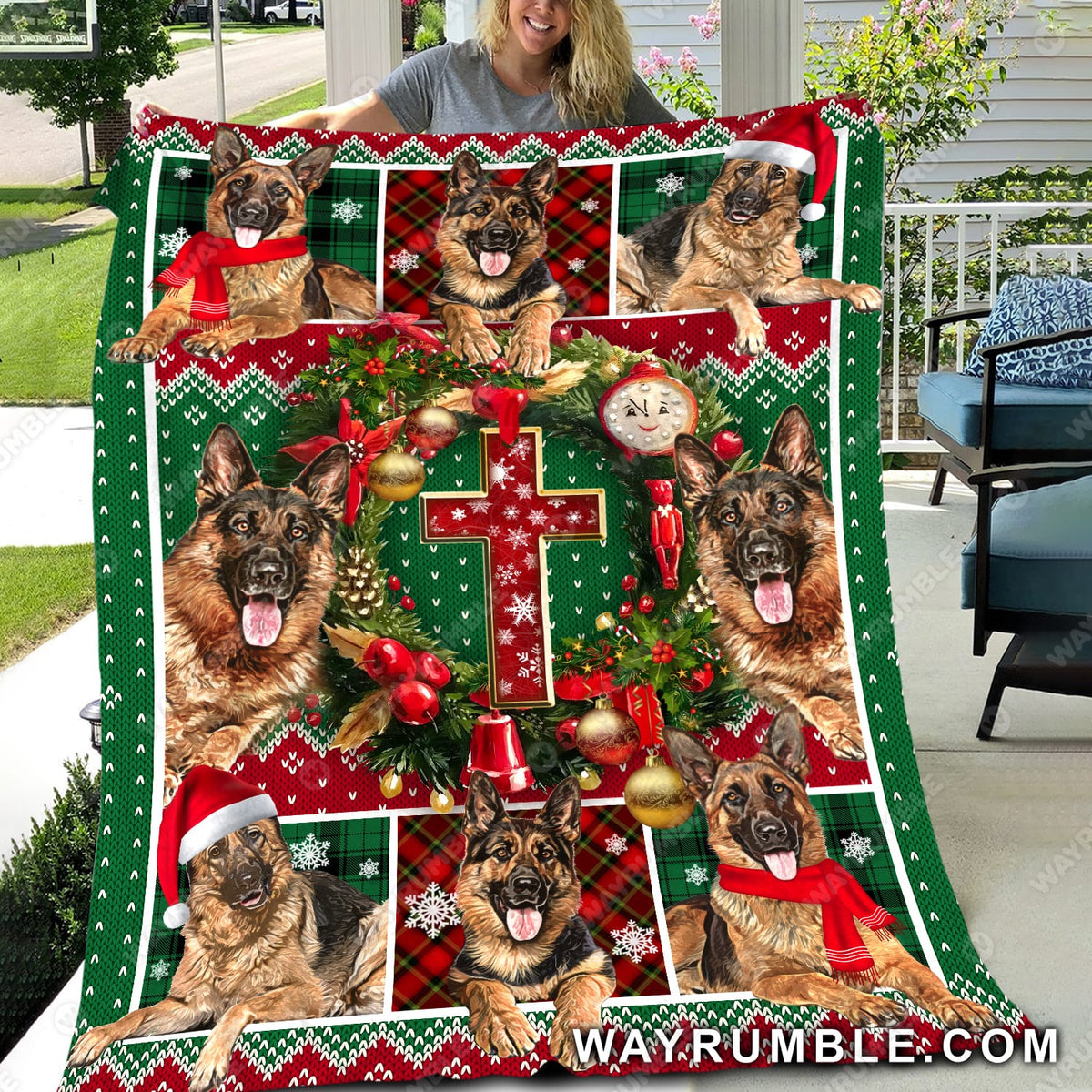 German Shepherd, Christmas Wreath, Cross - Amazing Christmas gift Dog, Christmas Blanket