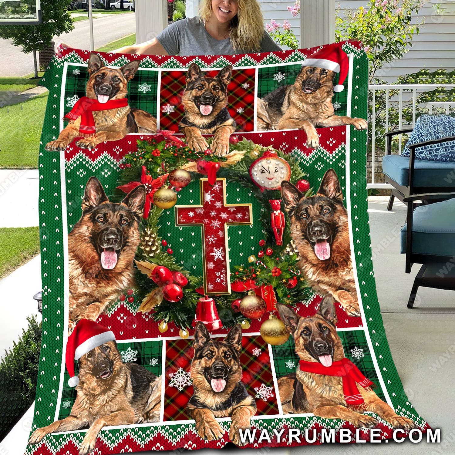 German Shepherd, Christmas Wreath, Cross - Amazing Christmas gift Dog, Christmas Blanket