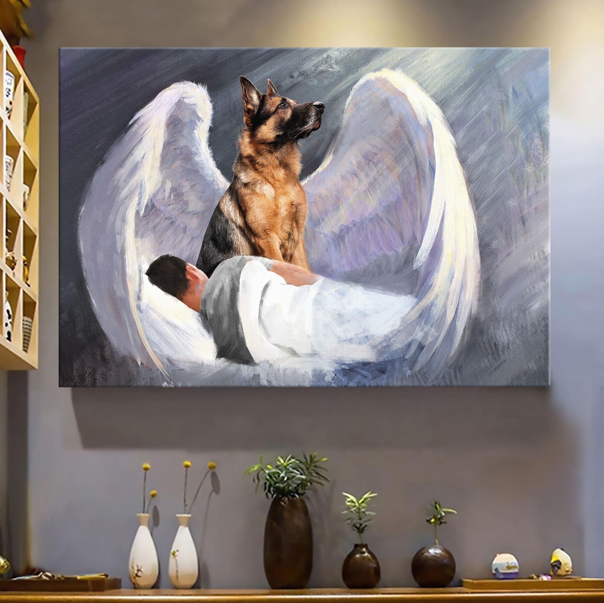 Sleeping man, German Shepherd, Beautiful Wings, I'll protect you - German Shepherd Landscape Canvas Prints, Wall Art