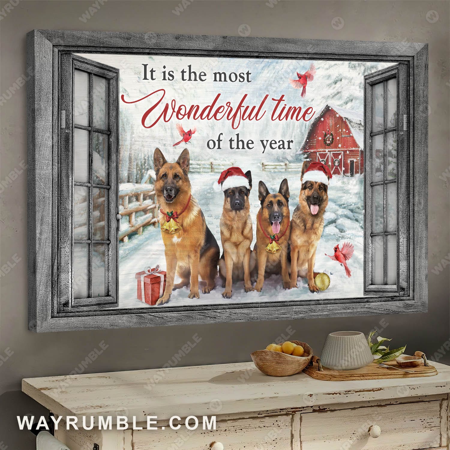 German Shepherd, Christmas, Winter farm, It is the most wonderful time of the year - Jesus Landscape Canvas Prints, Wall Art