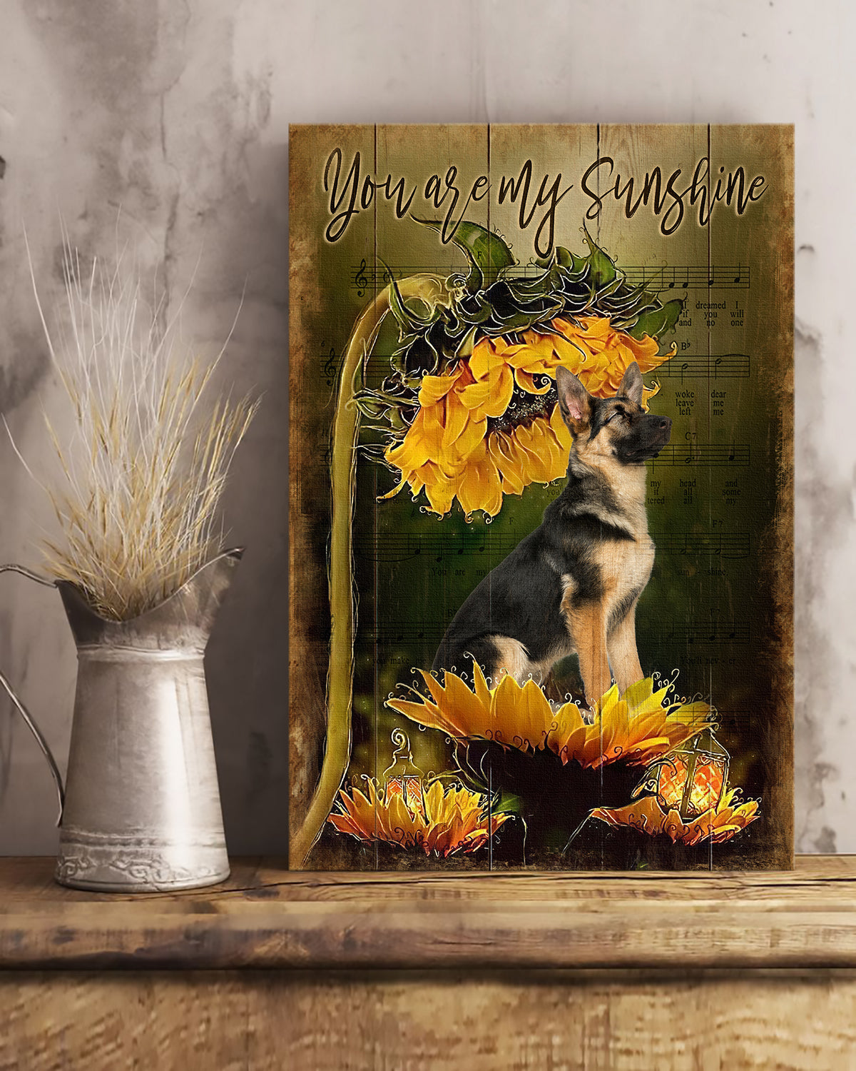German Shepherd, Sunflower, Sheet music, You are my sunshine - German Shepherd Portrait Canvas Prints, Wall Art