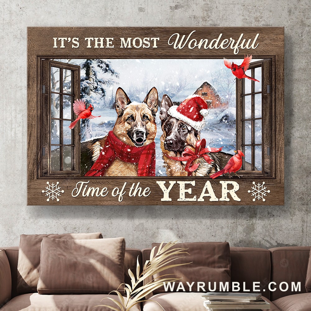 German Shepherd painting, Winter garden, Cardinal, It's the most wonderful time of the year - Dog Landscape Canvas Prints, Wall Art