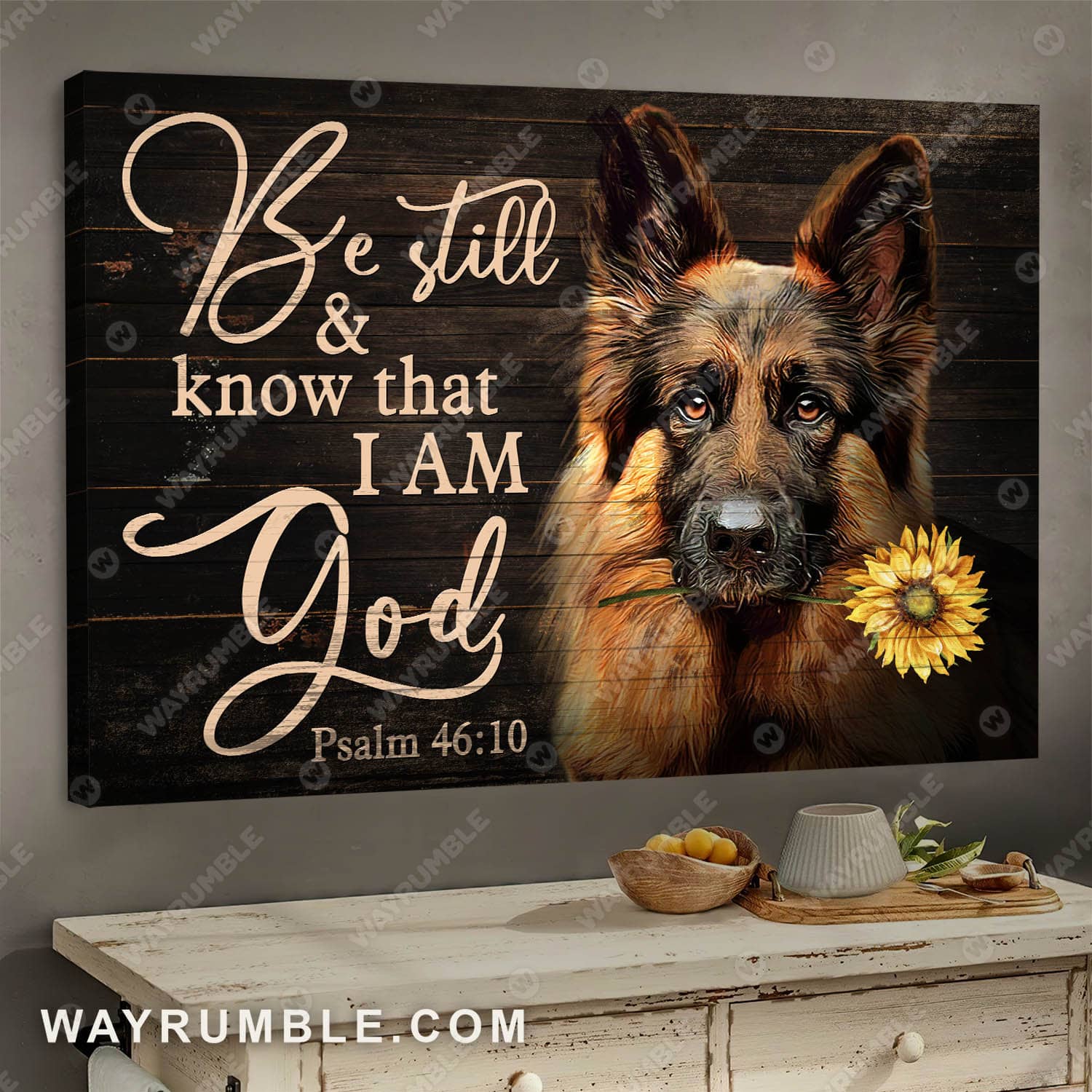 German Shepherd and sunflower, Be still and know that I am God - Jesus Landscape Canvas Prints, Wall Art