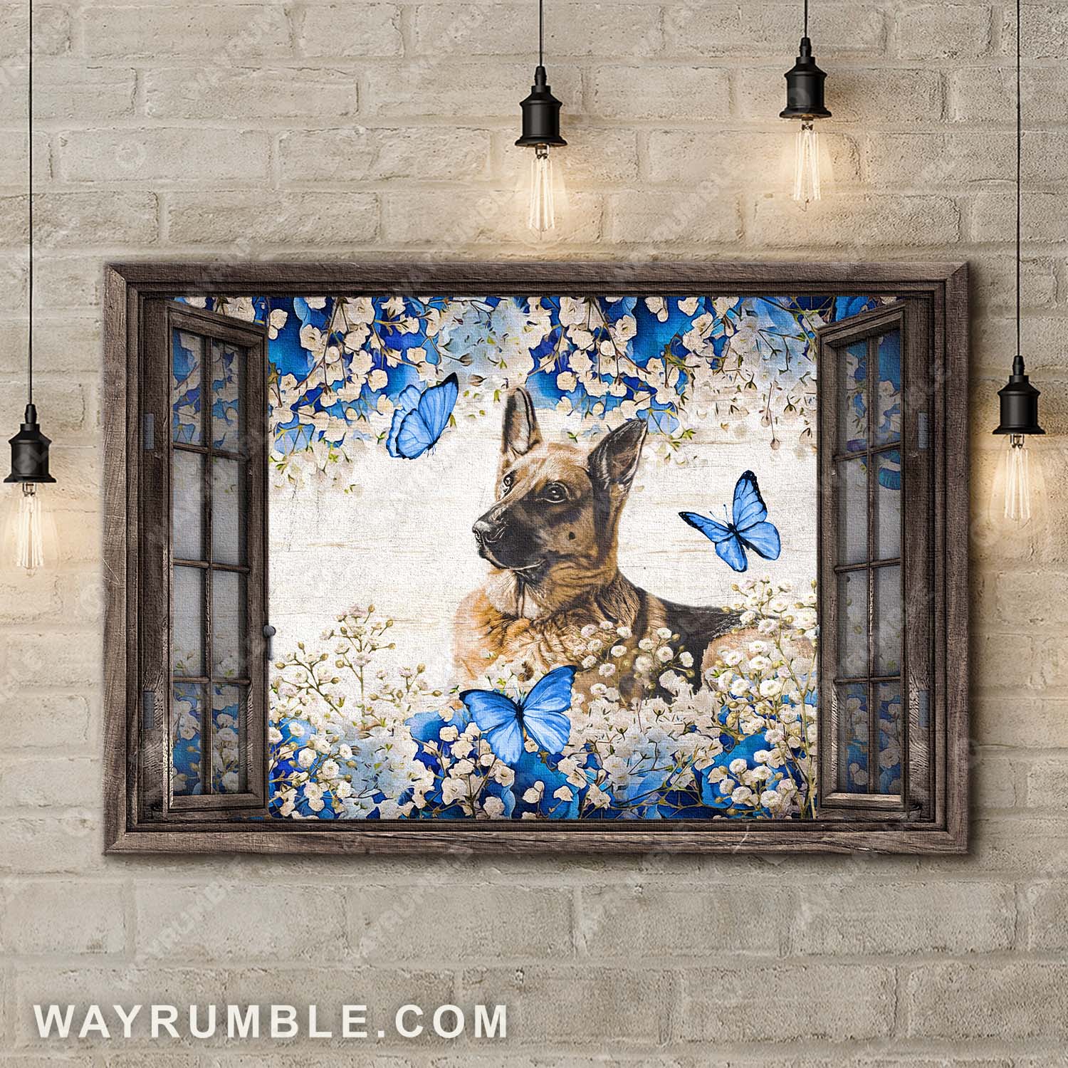 German Shepherd, Blue butterflies, Amongst the beautiful baby flowers - Dog Landscape Canvas Prints, Wall Art
