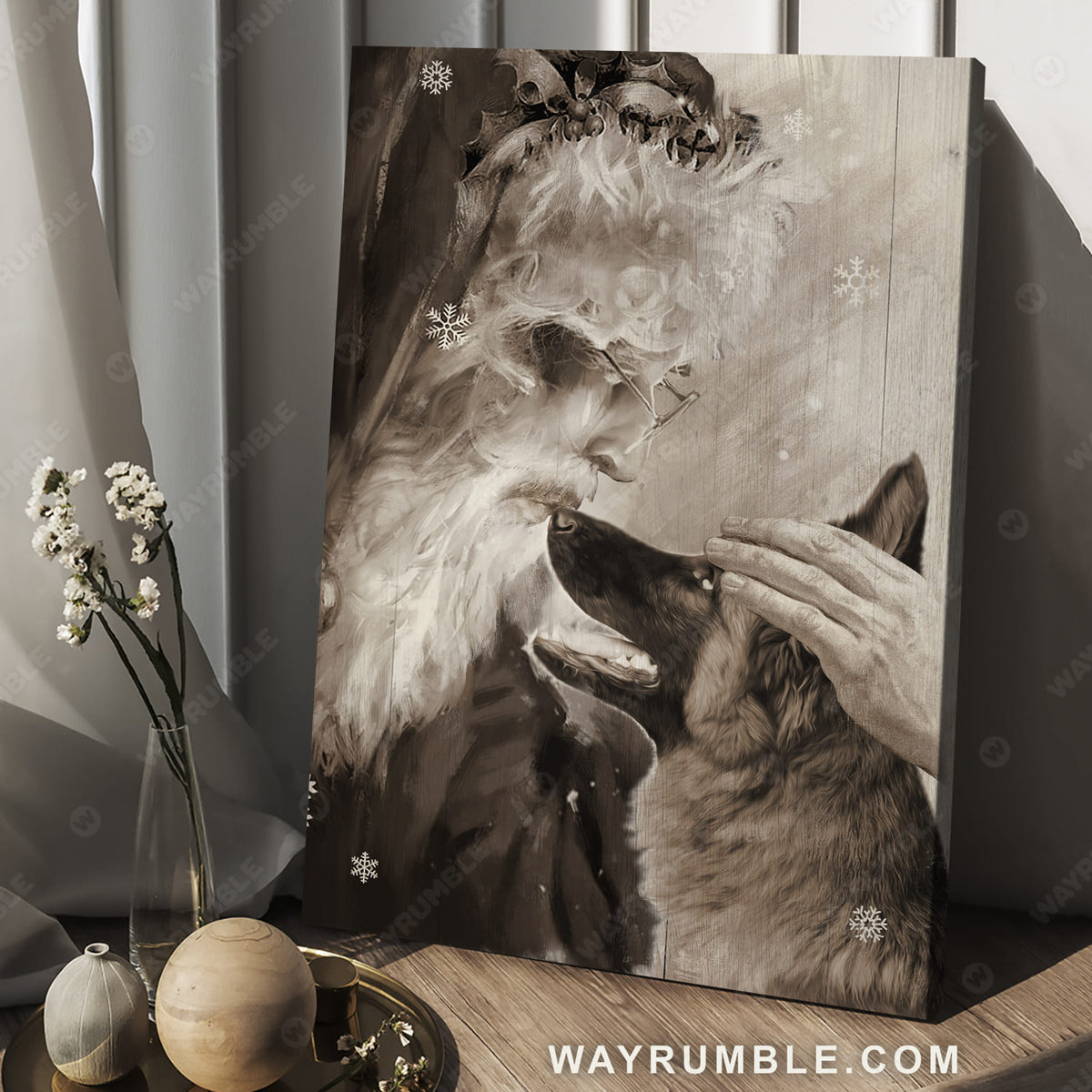 Black and White painting, German Shepherd and Santa Clause - Dog Portrait Canvas Prints, Wall Art