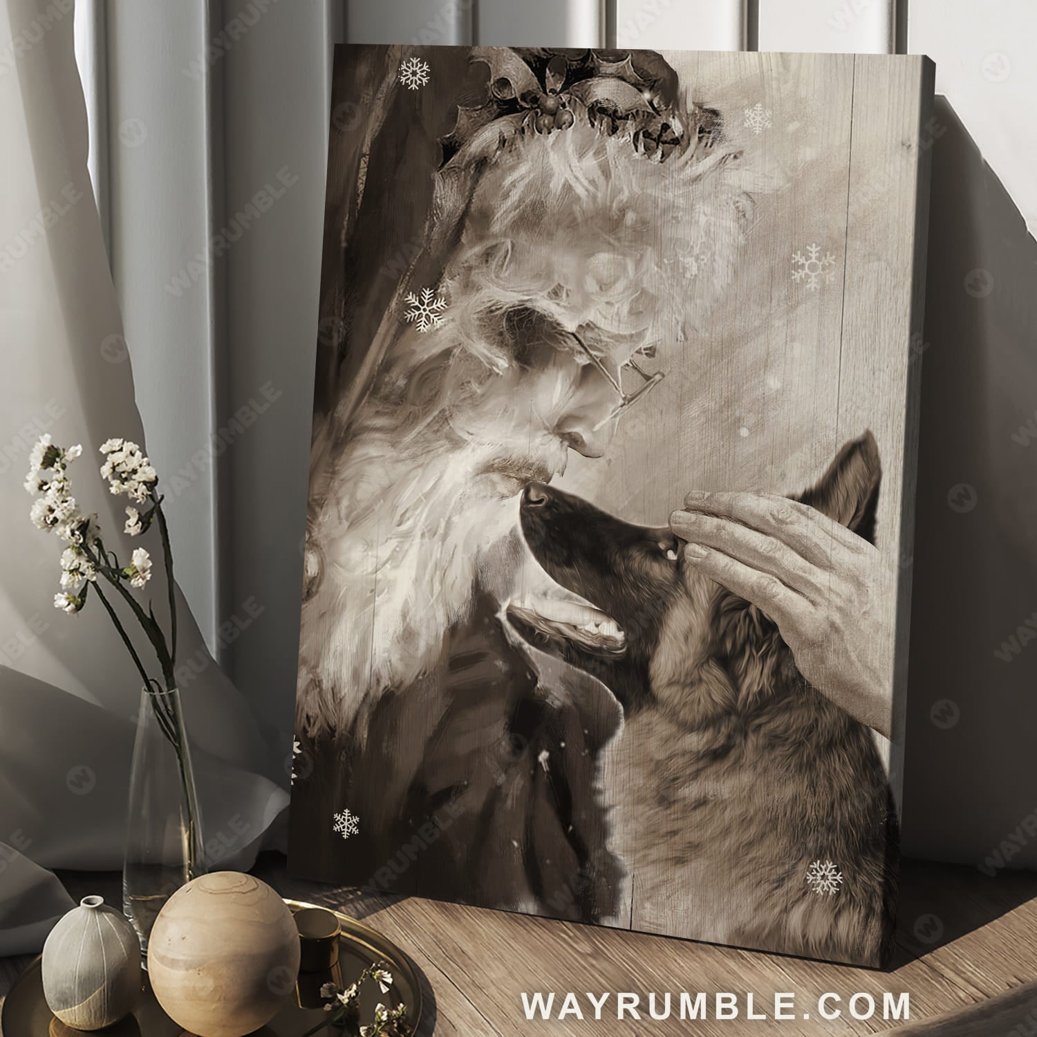 Black and White painting, German Shepherd and Santa Clause - Dog Portrait Canvas Prints, Wall Art