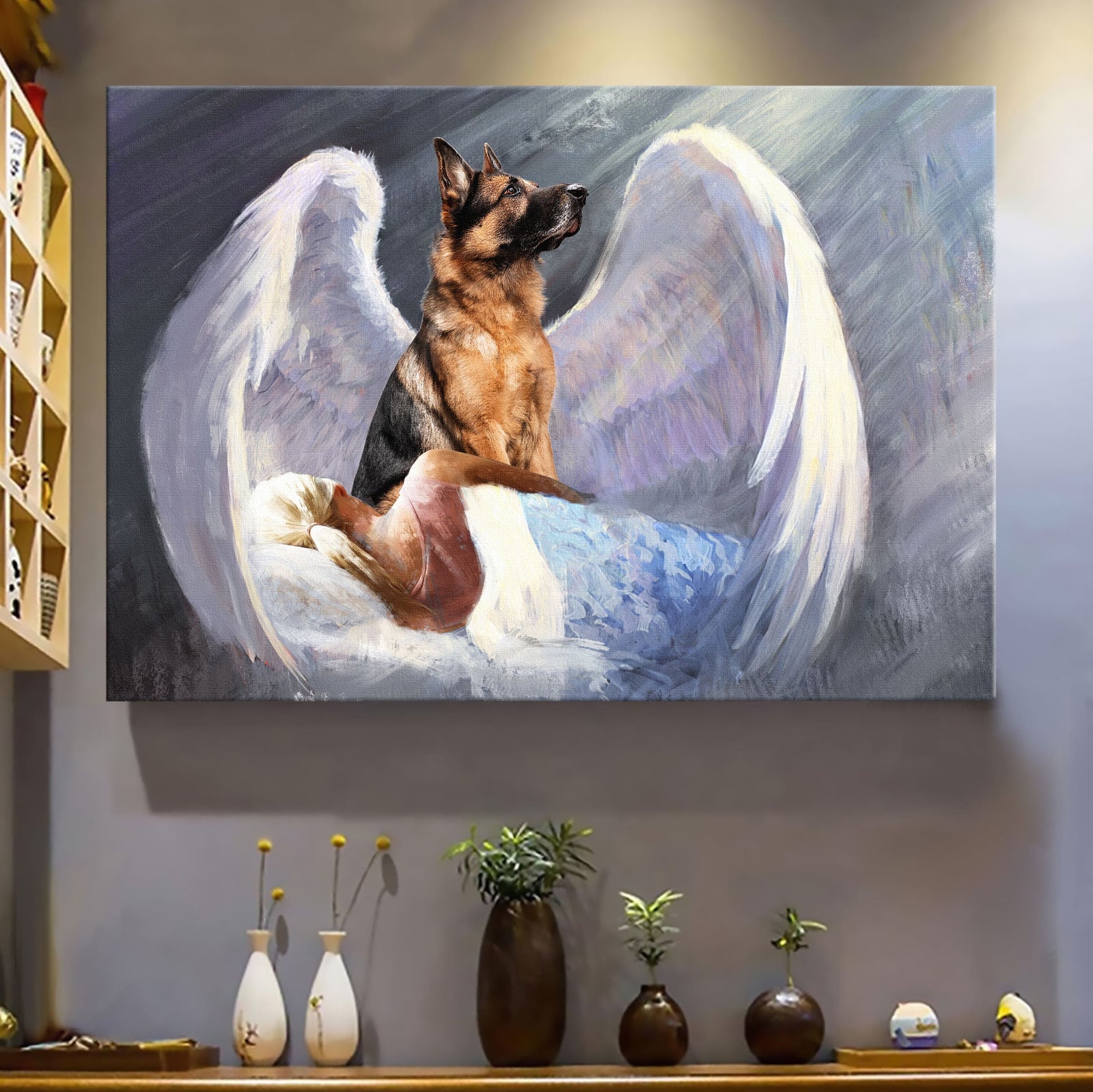 Sleeping girl, German Shepherd, Beautiful Wings, I'll protect you - German Shepherd Landscape Canvas Prints, Wall Art