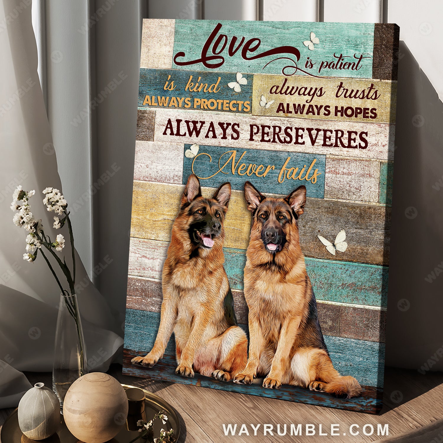 German Shepherd dogs, White butterfly, Love is patient - German shepherd Portrait Canvas Prints, Wall Art