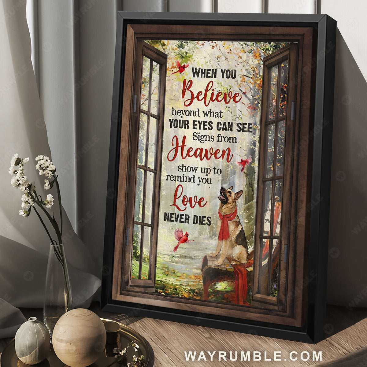 German shepherd painting, Red cardinal, Spring forest, Love never die - German shepherd Portrait Canvas Prints, Wall Art