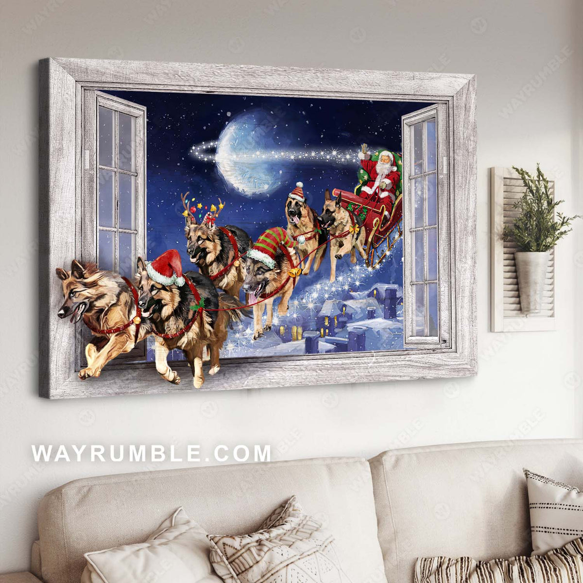German shepherd drawing, Christmas painting, Santa Claus - German shepherd Landscape Canvas Prints, Wall Art