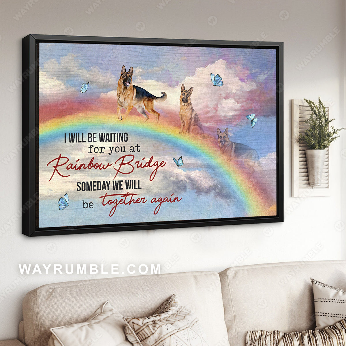 German Shepherd drawing, Blue sky, I&#39;ll be waiting for you at rainbow bridge - Dog Landscape Canvas Prints, Wall Art