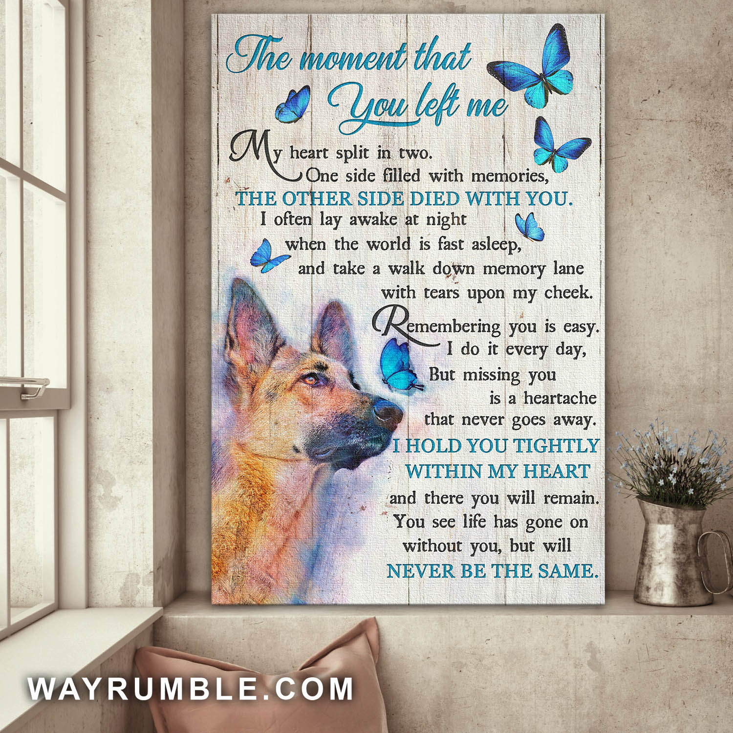 German shepherd, Blue butterfly, The moment that you left me - Dog Portrait Canvas Prints, Wall Art