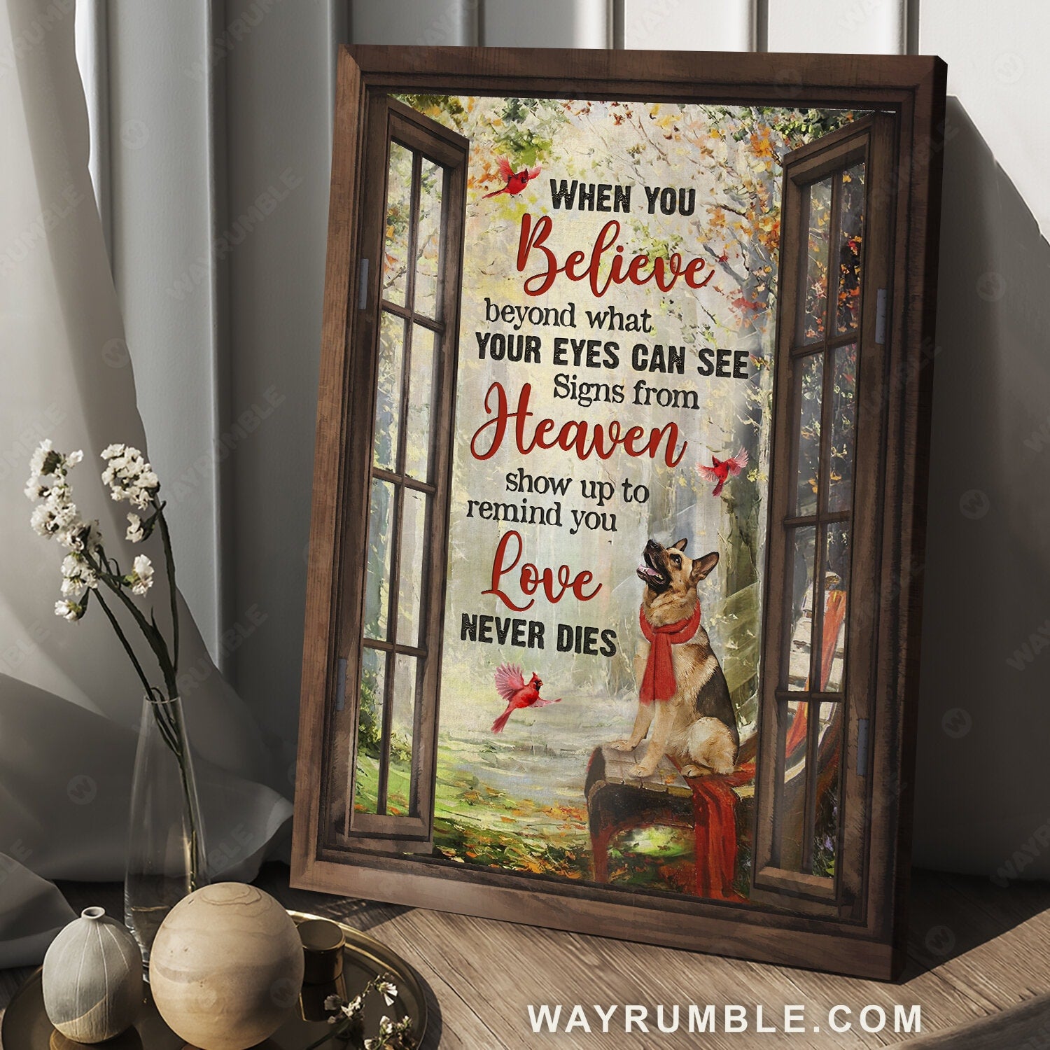 German shepherd painting, Red cardinal, Spring forest, Love never die - German shepherd Portrait Canvas Prints, Wall Art