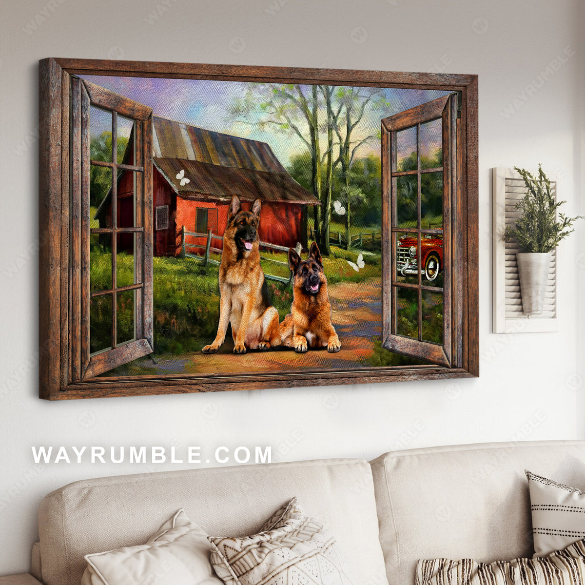 German shepherd dogs, Countryside painting, Green meadow, Purple sky - German shepherd Landscape Canvas Prints, Wall Art