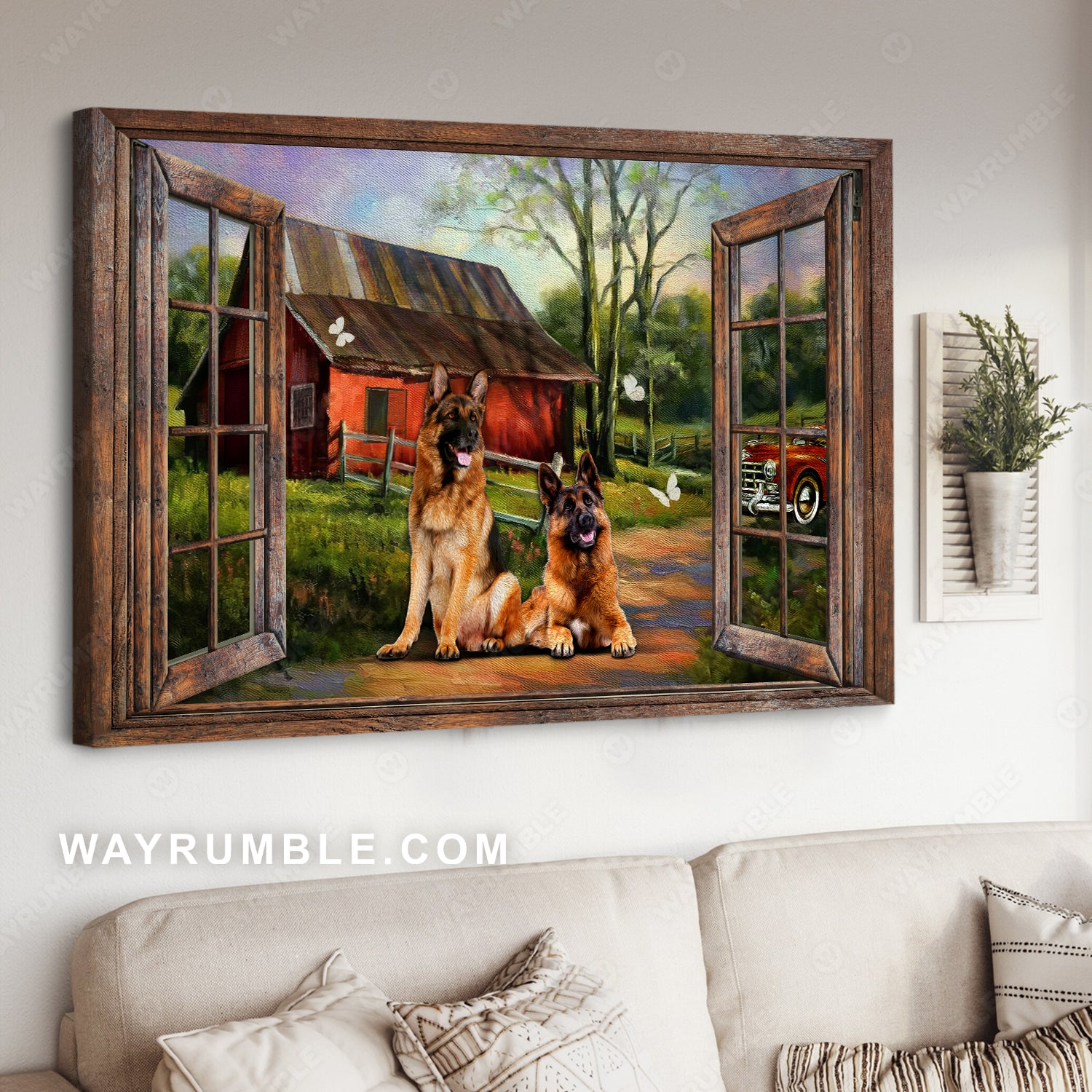 German shepherd dogs, Countryside painting, Green meadow, Purple sky - German shepherd Landscape Canvas Prints, Wall Art