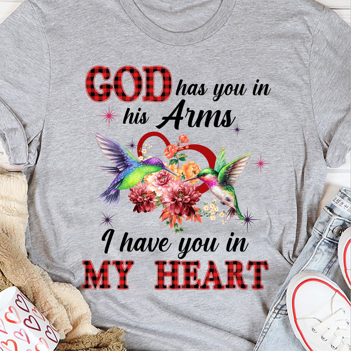 Hummingbird couple, heart shape, God has you in his arm, I have you in my heart - Heaven White Apparel