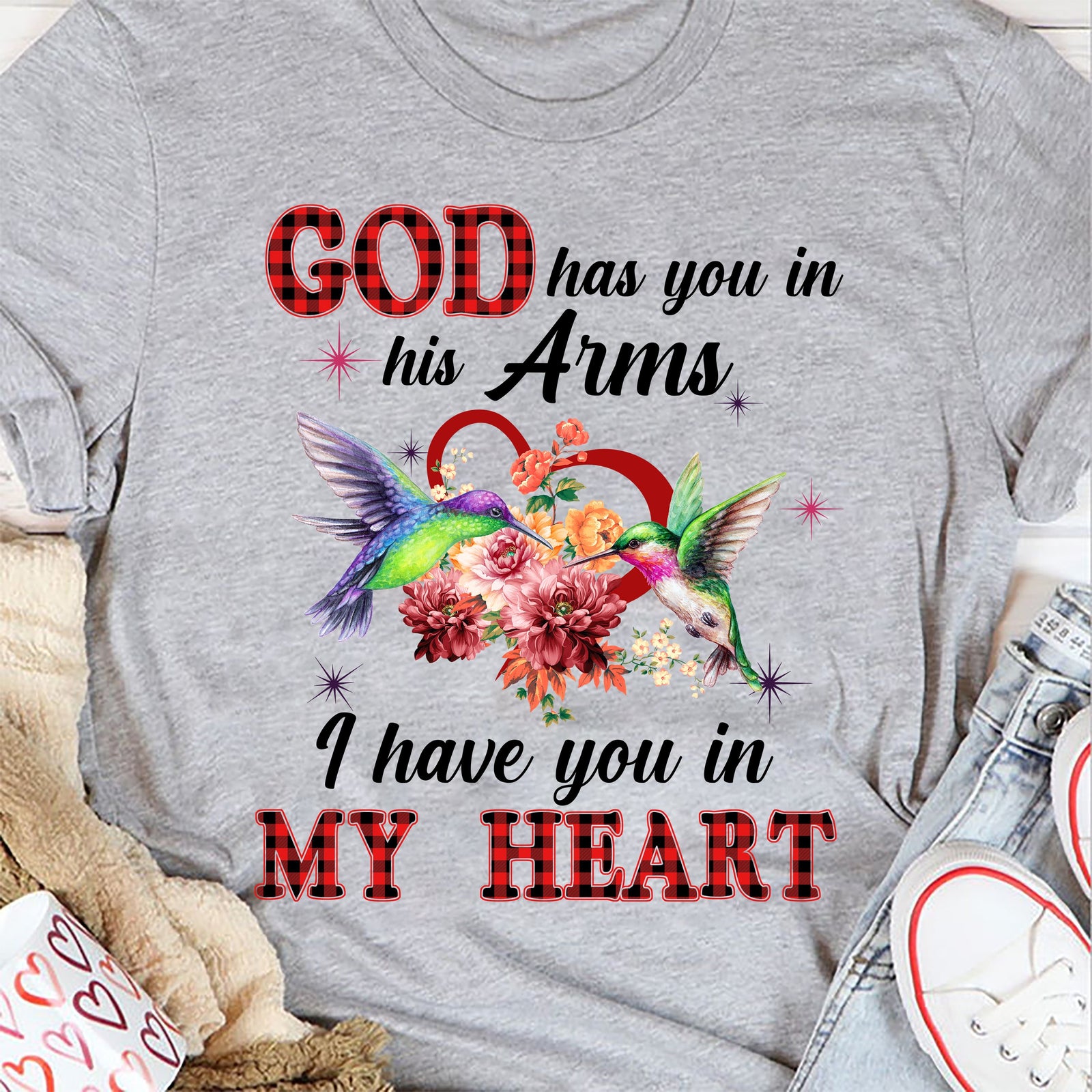 Hummingbird couple, heart shape, God has you in his arm, I have you in my heart - Heaven White Apparel