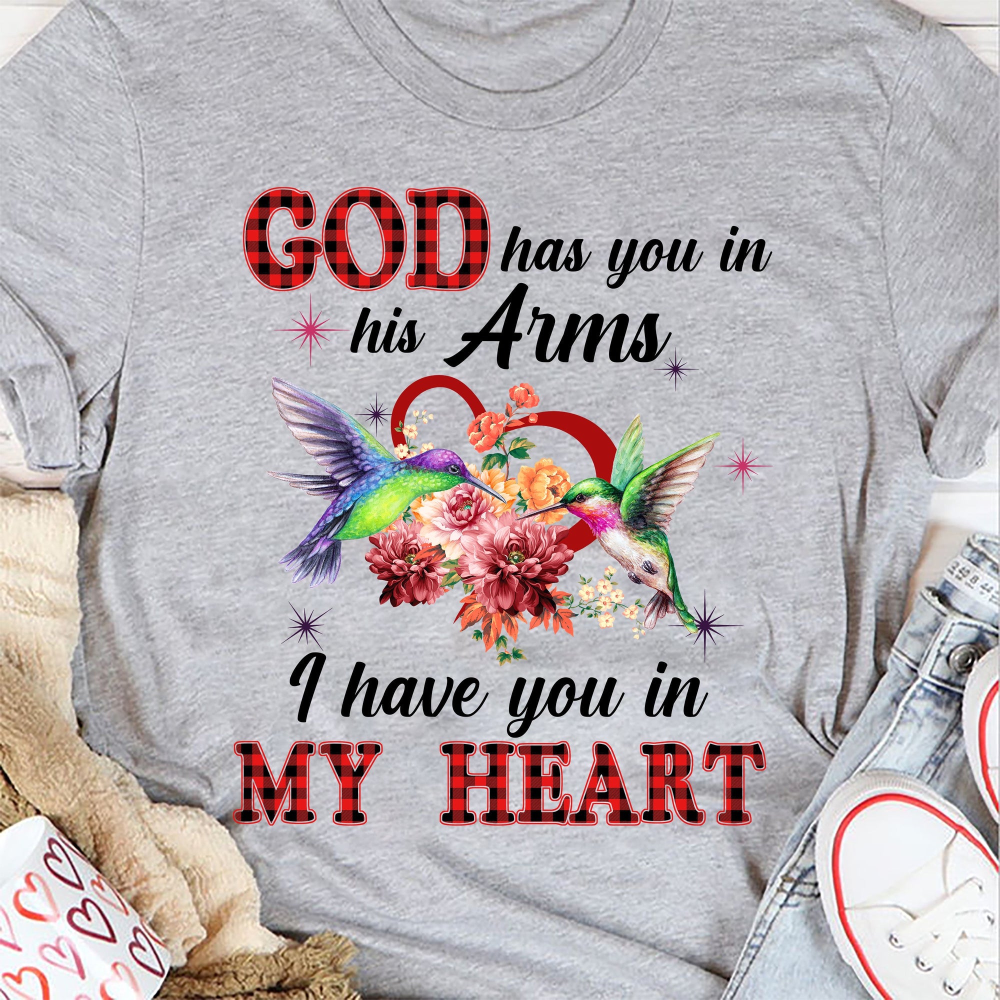 Hummingbird couple, heart shape, God has you in his arm, I have you in my heart - Heaven White Apparel