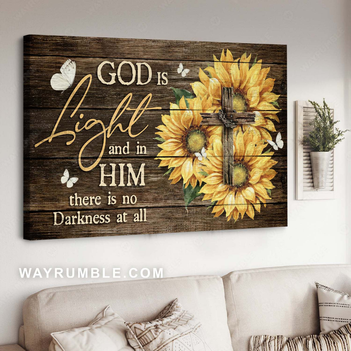 Sunflower painting, Wooden cross, White butterfly, God is Light - Jesus Landscape Canvas Prints, Home Decor Wall Art