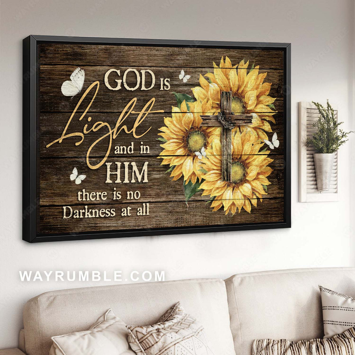 Sunflower painting, Wooden cross, White butterfly, God is Light - Jesus Landscape Canvas Prints, Home Decor Wall Art