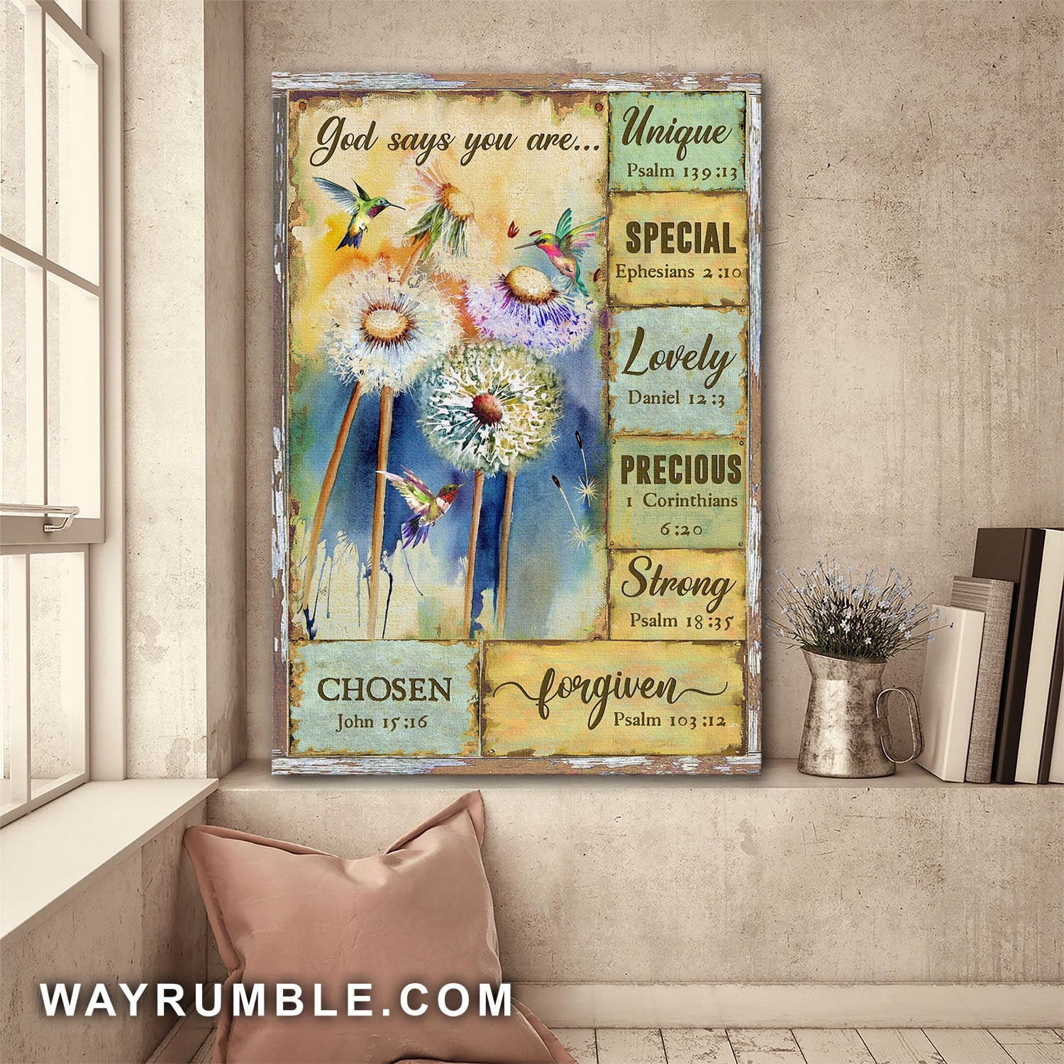 Hummingbird, Dandelion, God says you are - Jesus Portrait Canvas Prints, Wall Art