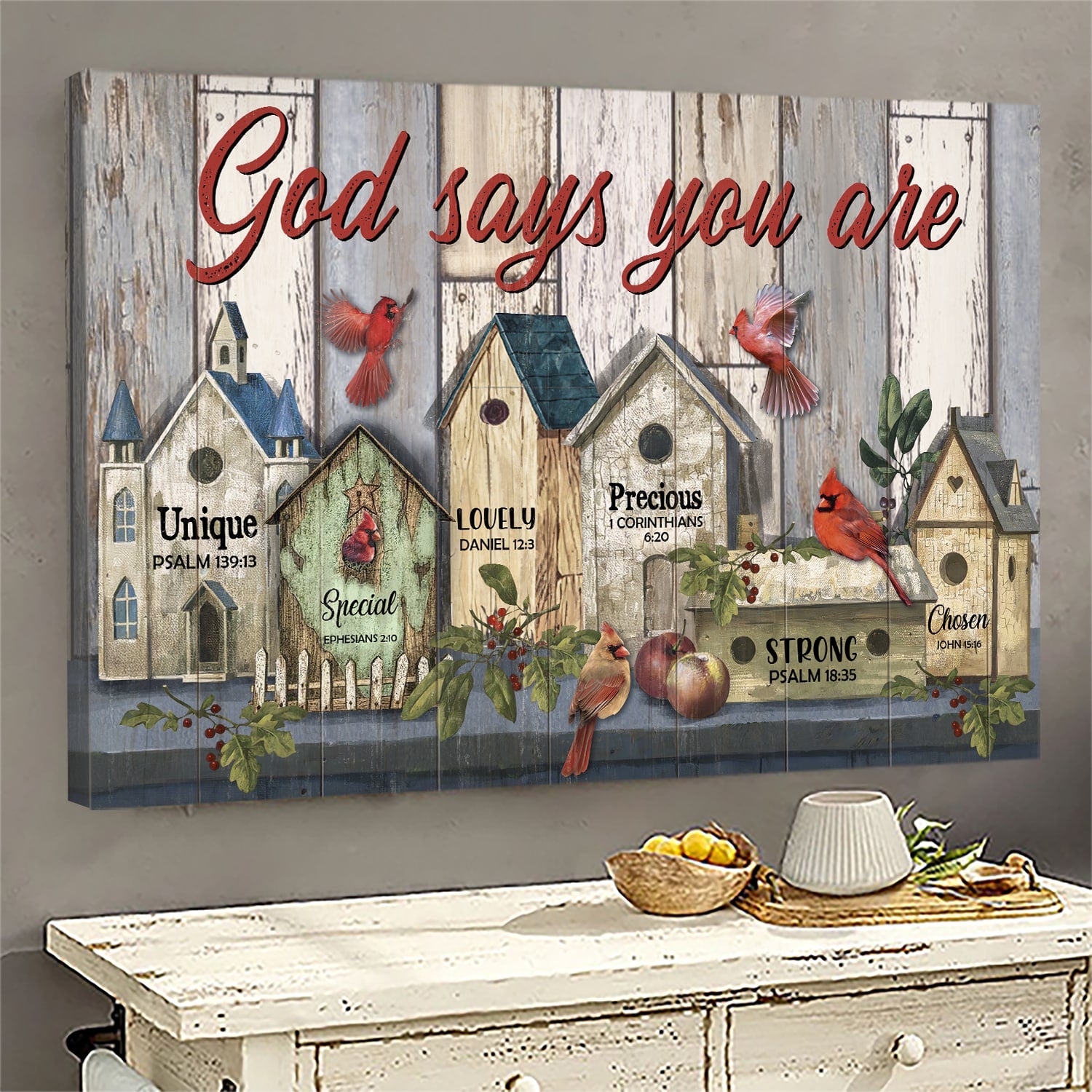 Cardinal painting, Vintage bird house, God says you are - Jesus Landscape Canvas Prints, Wall Art