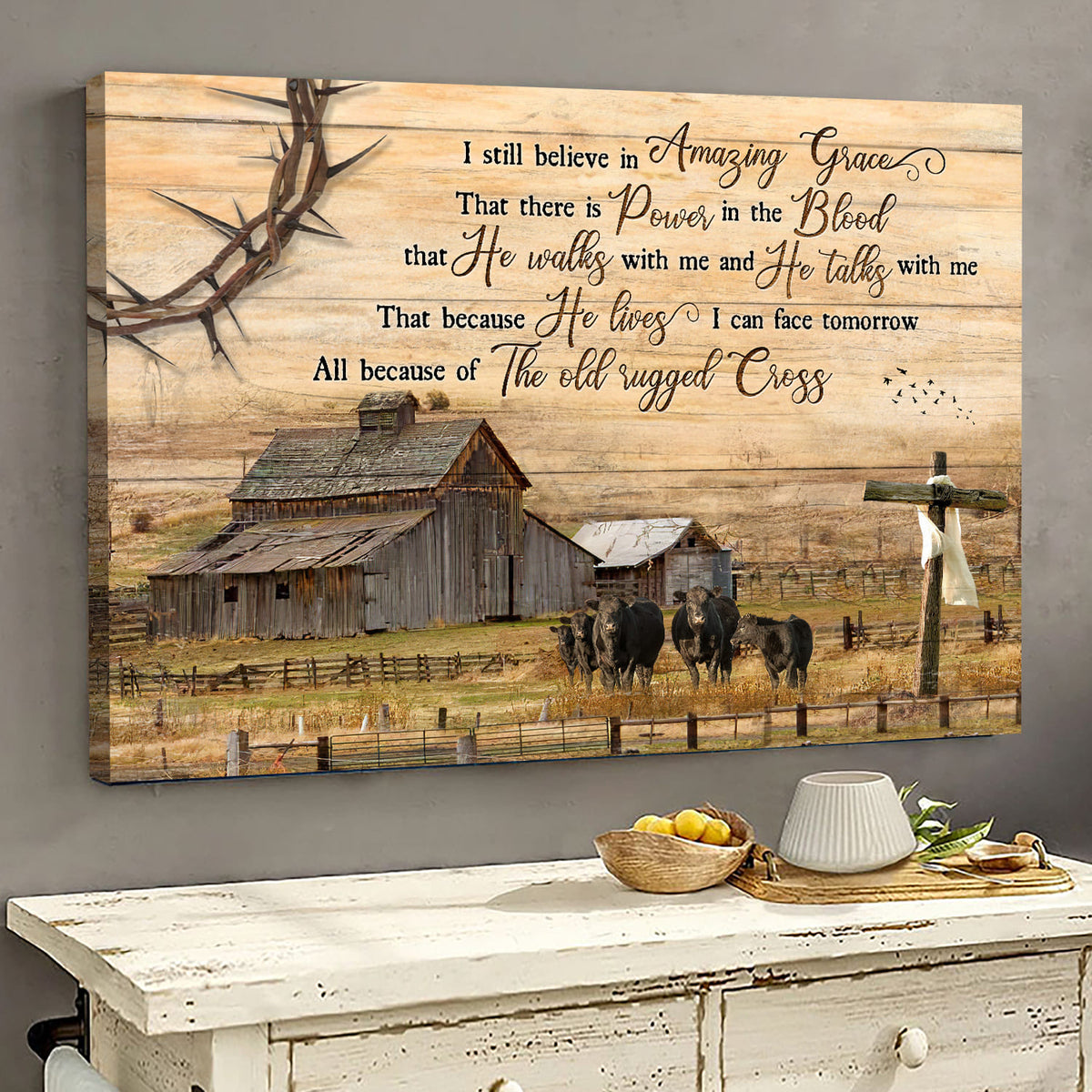 Angus cows, Tranquil farm, Wooden Cross, I still believe in amazing grace - Jesus Landscape Canvas Prints, Wall Art