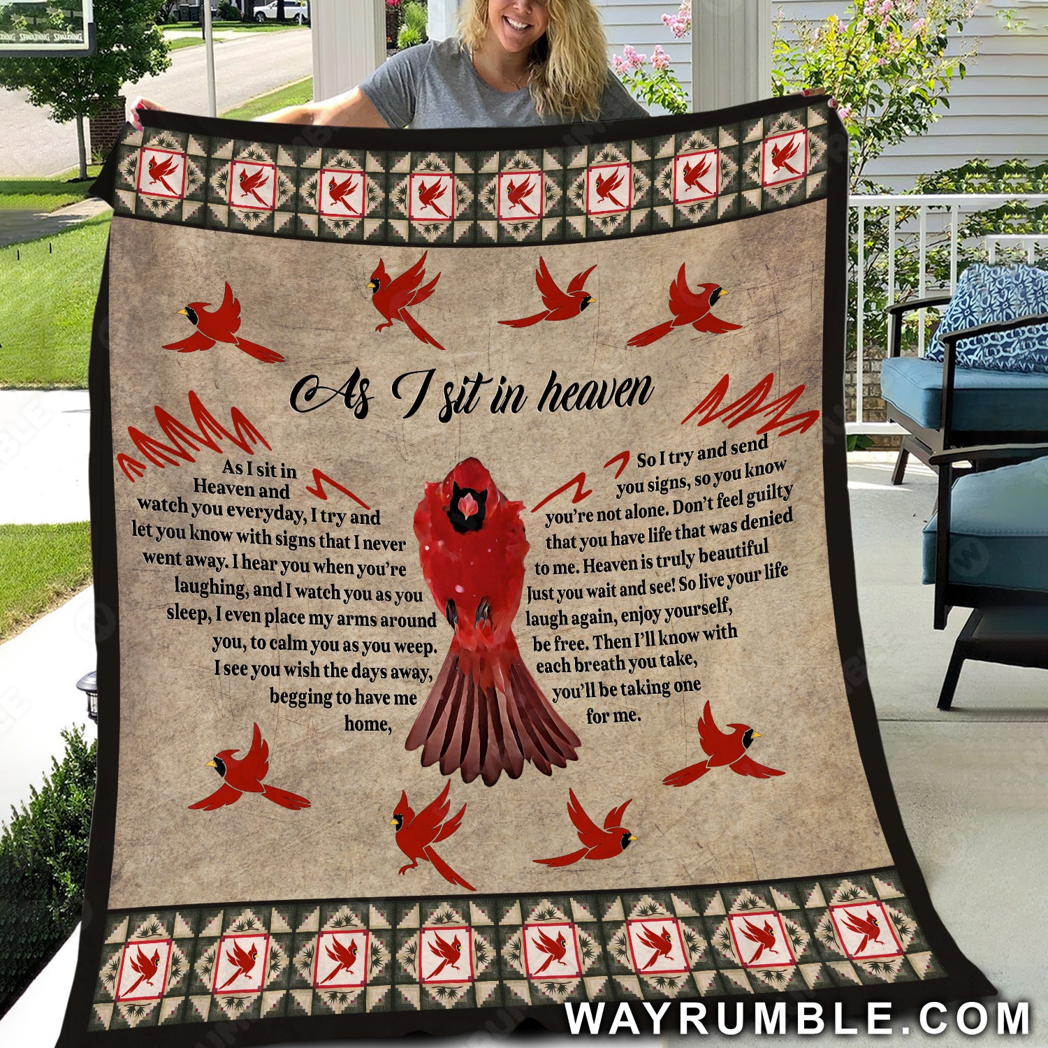 Watercolor cardinal, Red wings, As I sit in heaven - Heaven Blanket