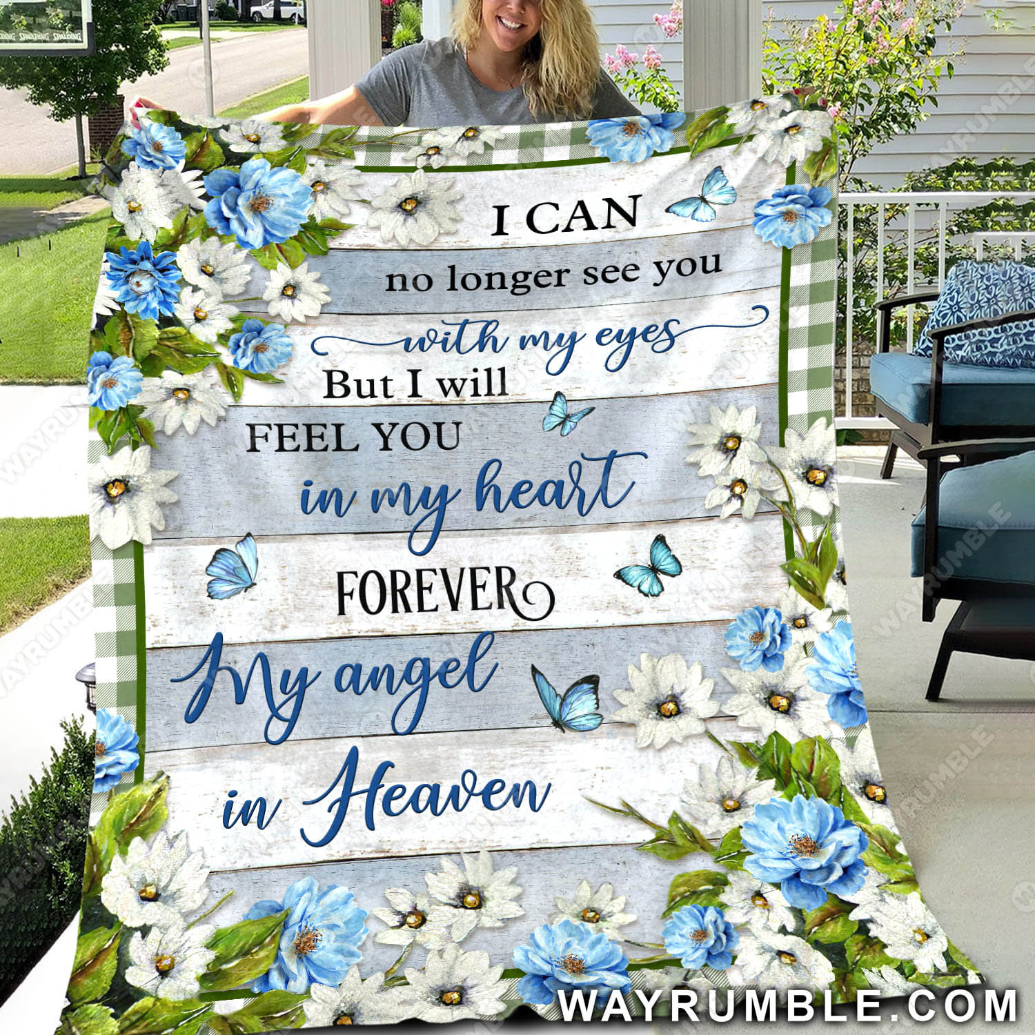 Flower painting, Blue butterfly, I will feel you in my heart forever - Heaven Blanket