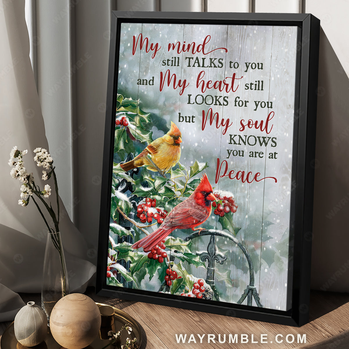 Frozen cranberry forest, Beautiful cardinal, My mind still talks to you - Heaven Portrait Canvas Prints, Home Decor Wall Art