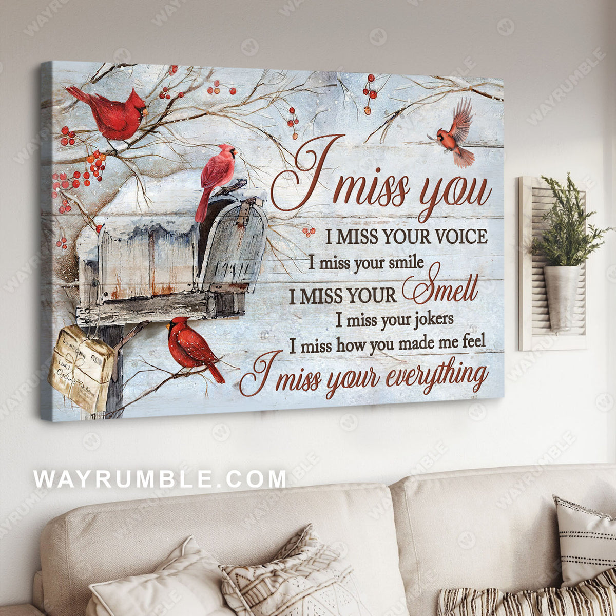 Vintage birdhouse, Red cardinal, Winter drawing, I miss your everything - Heaven Landscape Canvas Prints, Wall Art