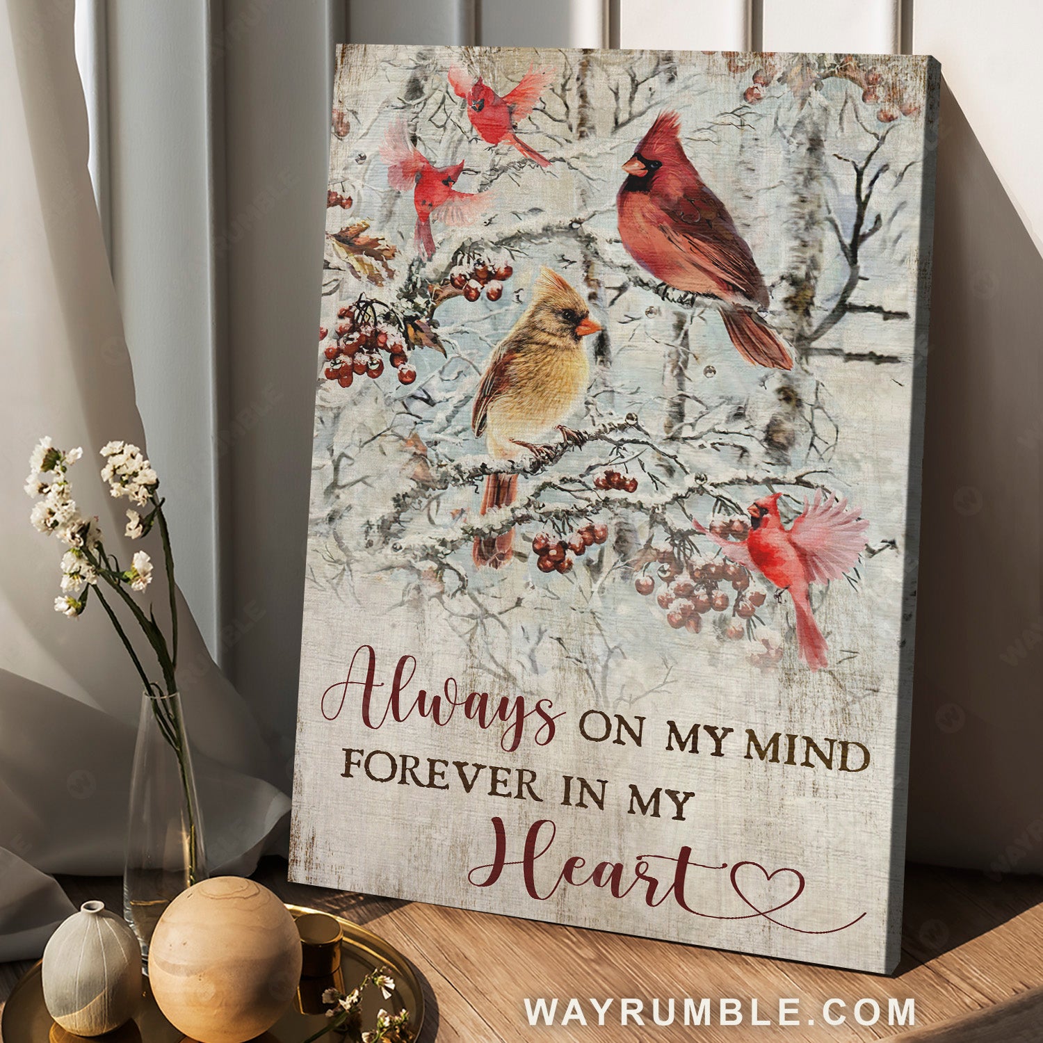 Winter forest, Cardinal drawing, Cranberry, Always on my mind - Heaven Portrait Canvas Prints, Wall Art