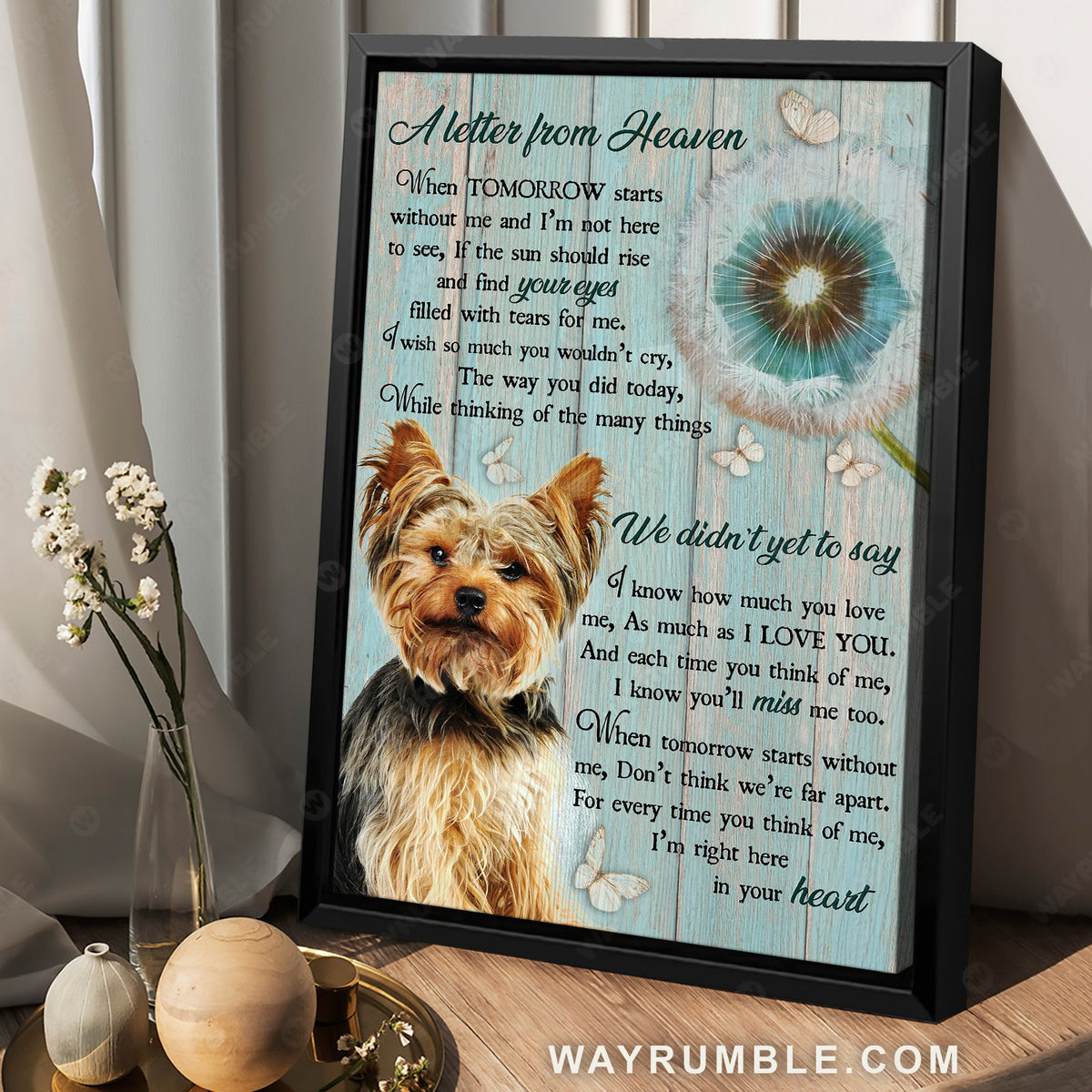 Cute Yorkshire Terrier, Pretty dandelion, White butterfly, A letter from heaven - Heaven Portrait Canvas Prints, Home Decor Wall Art