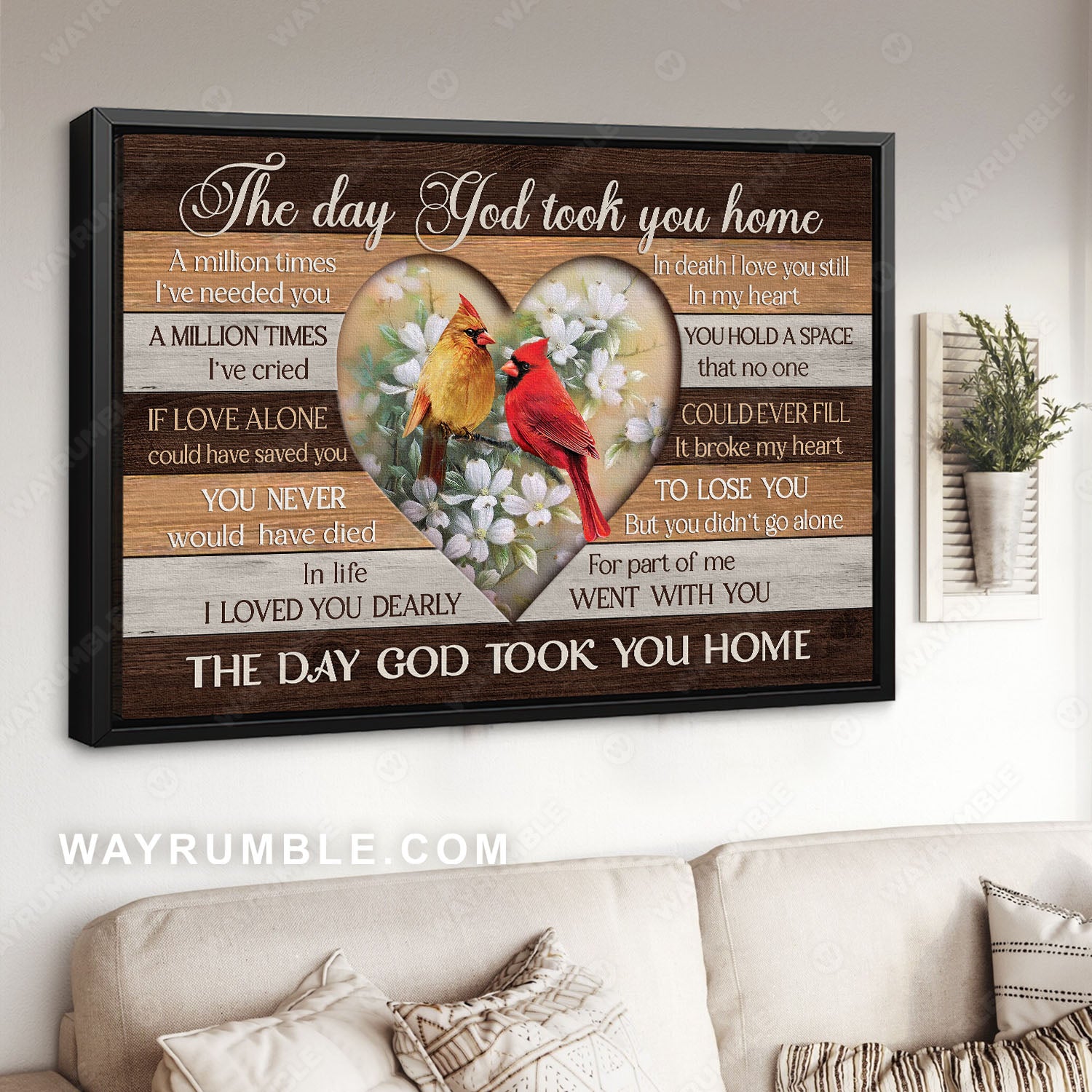 Cardinal drawing, Laurel flower, Heart frame, The day God took you home - Heaven Landscape Canvas Prints, Wall Art