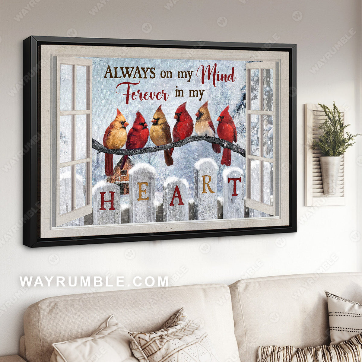 Cardinal drawing, White snow, Winter painting, Always on my mind - Heaven Landscape Canvas Prints, Wall Art
