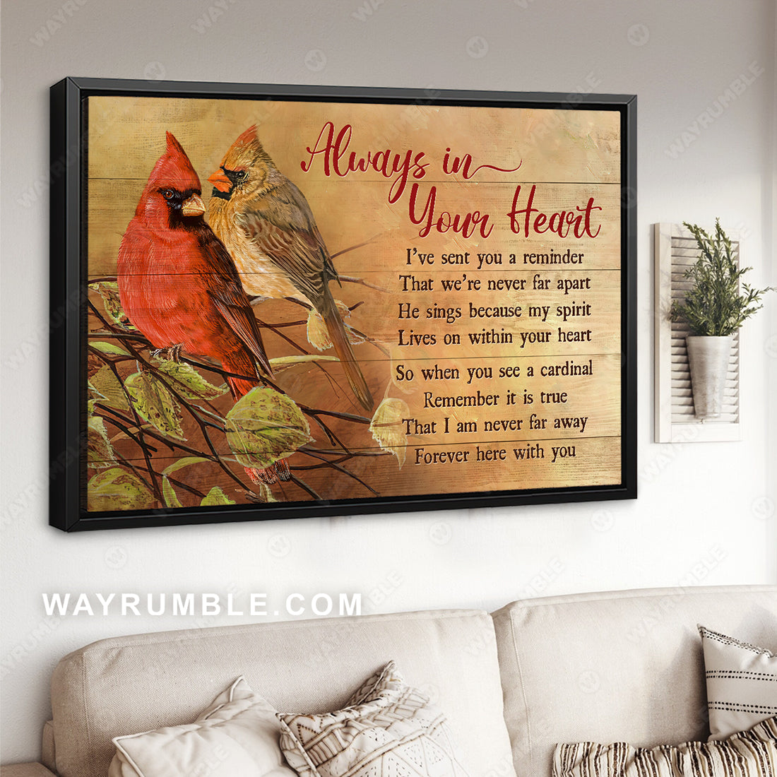 Unique cardinal drawing, Yellow background, Always in your heart - Heaven Landscape Canvas Prints, Wall Art