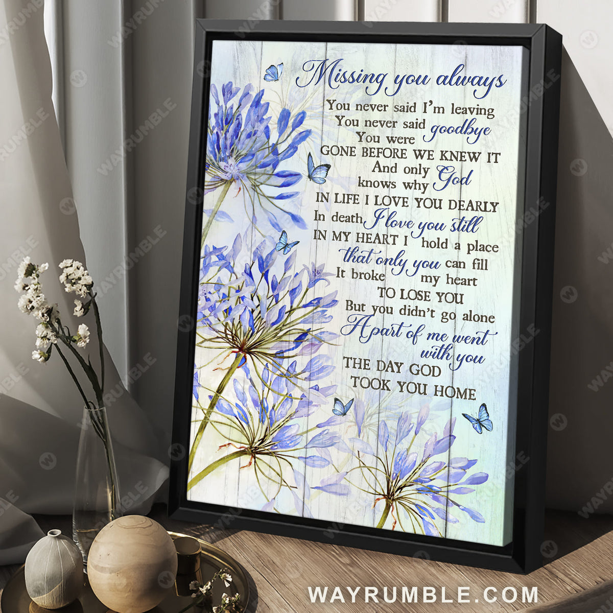 Agapanthus drawing, Blue butterfly, The day God took you home - Heaven Portrait Canvas Prints, Wall Art